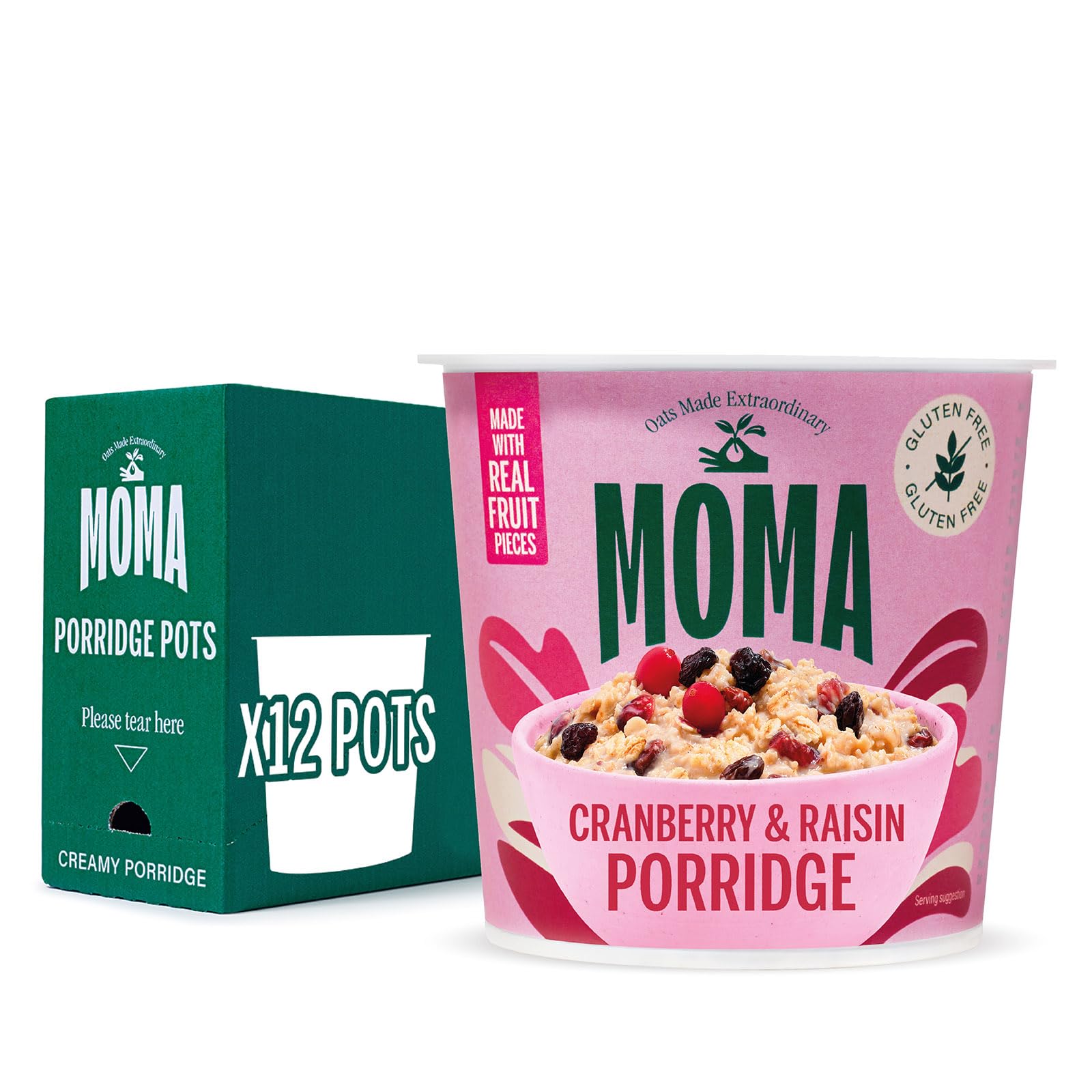 MOMA - Cranberry & Raisin Instant Porridge Pots - Pack of 12 x 70g - Gluten Free, High Fibre, Source of Protein