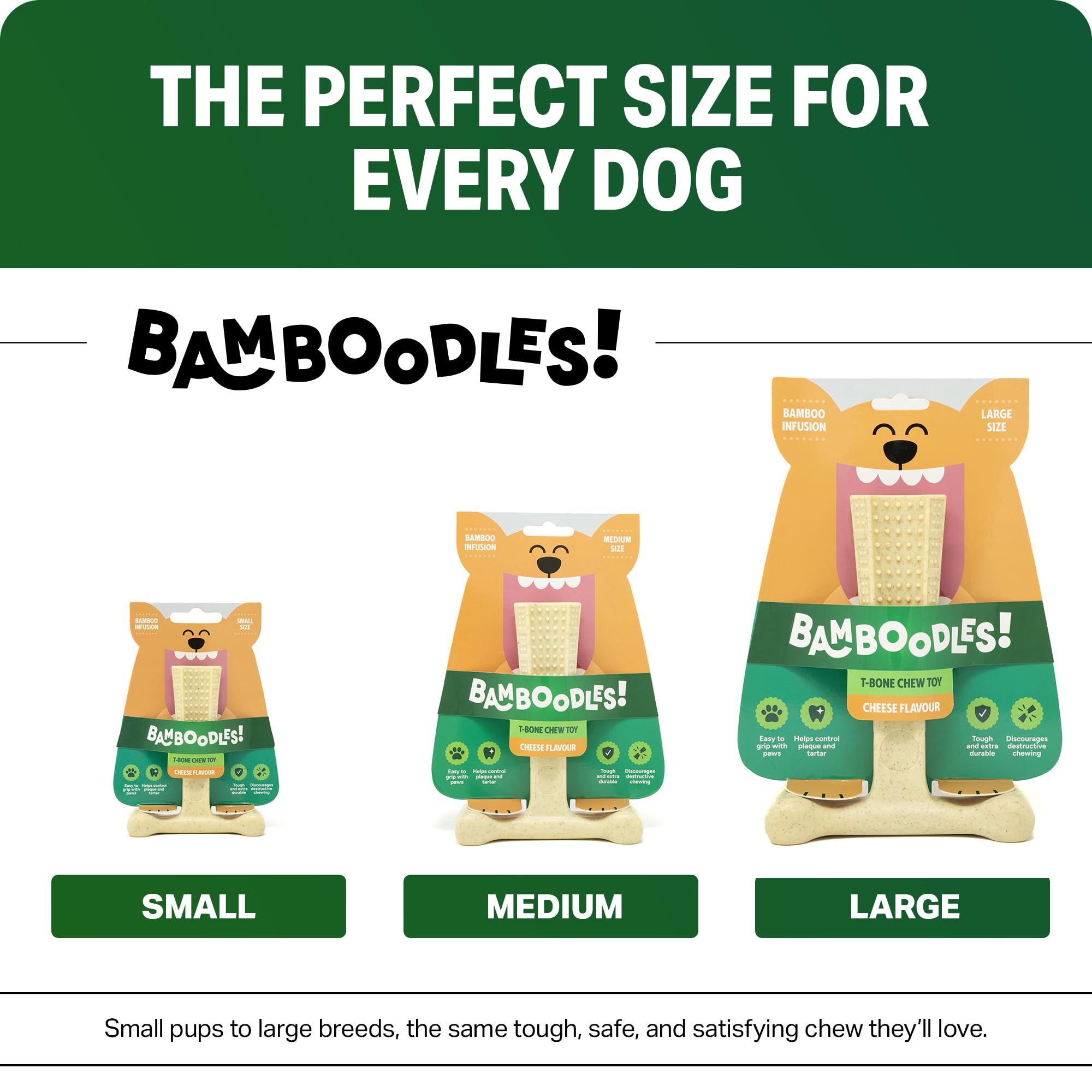 Bamboodles T-Bone Dog Chew Toy - Small Size | Cheese Flavour | Durable Natural Bamboo Fibre 4