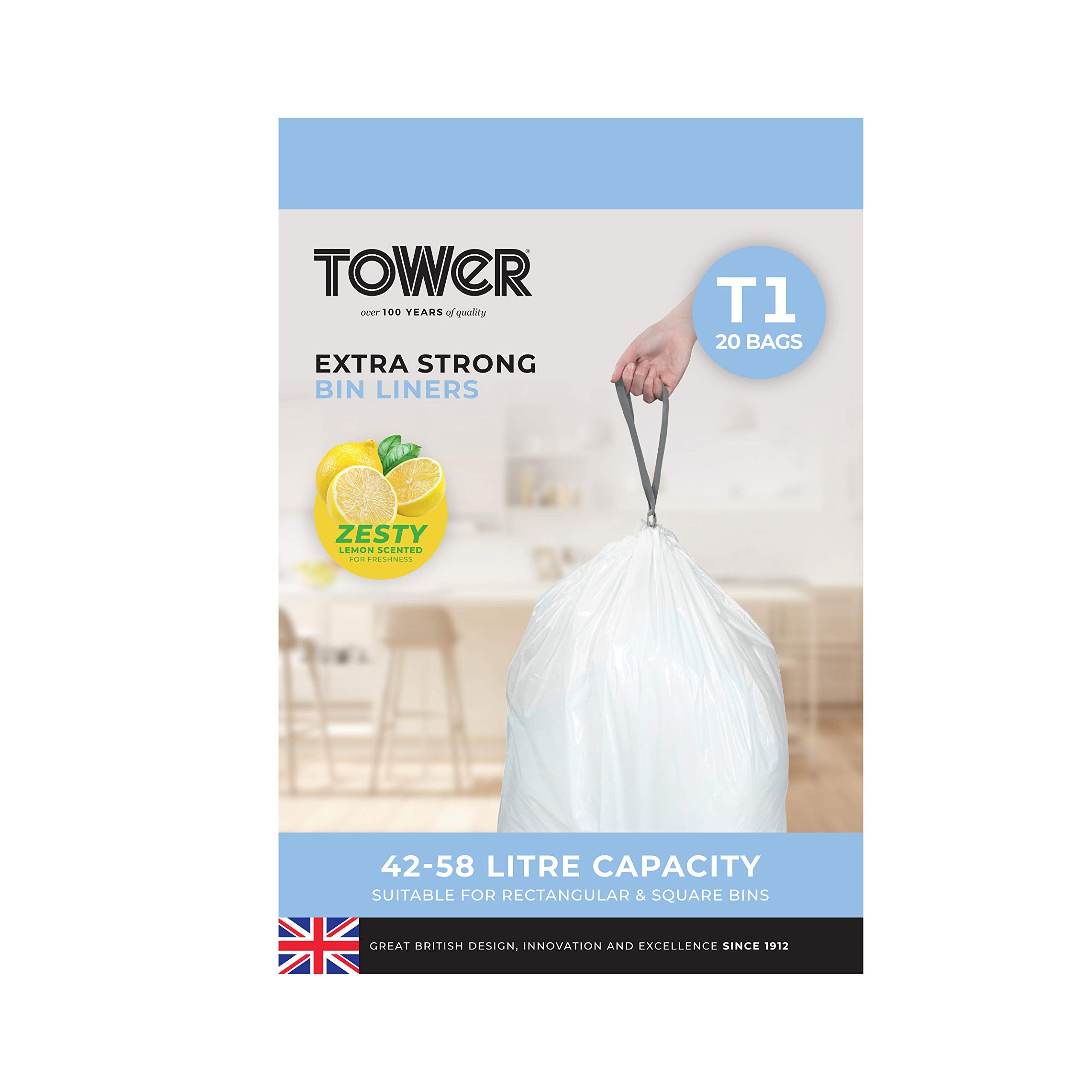 Tower T878000 Heavy Duty Drawstring Bin Liners - 42-58L Capacity, Lemon Scented | 20 Pack