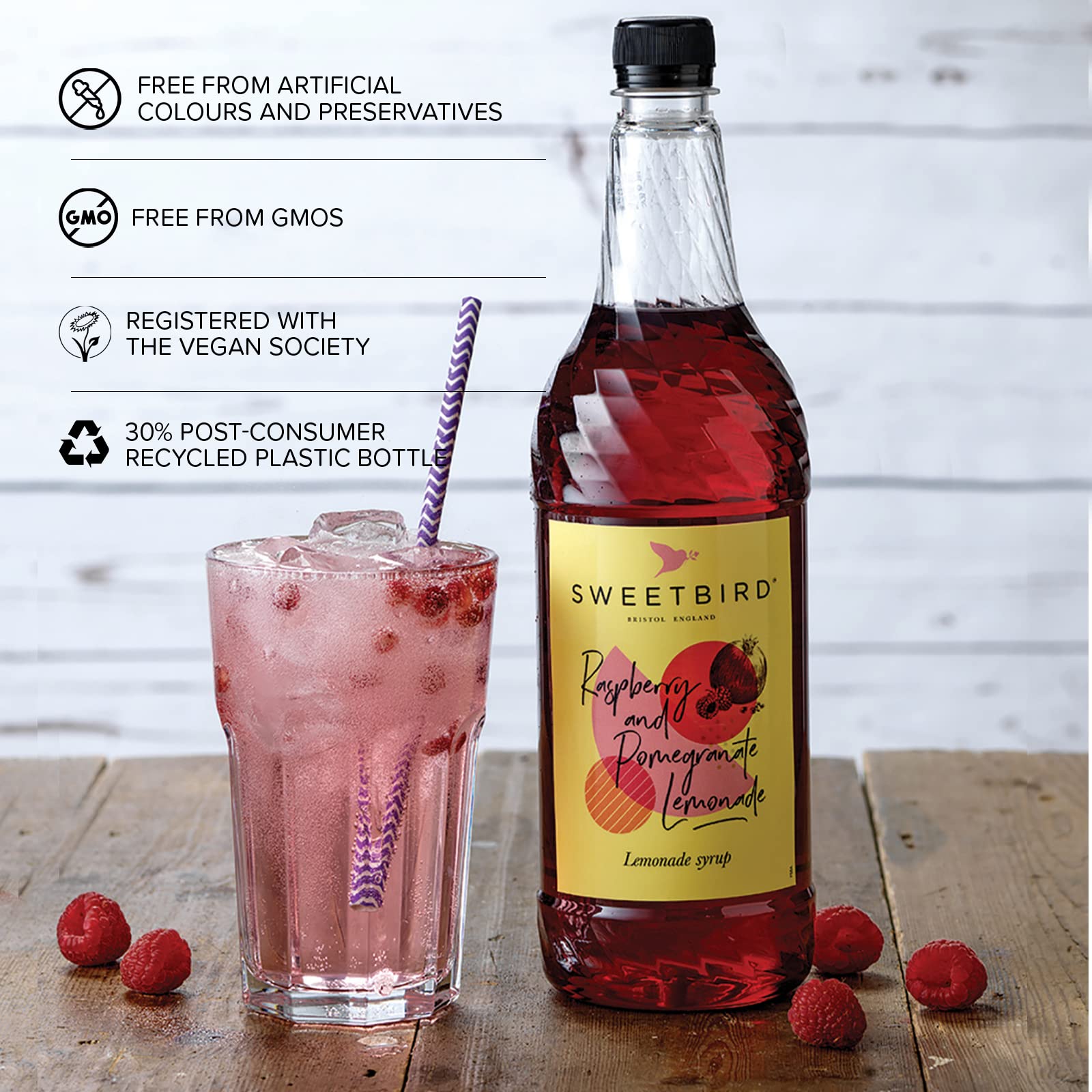 Sweetbird Raspberry & Pomegranate Lemonade Syrup - 1 Litre | Vegan Friendly | Made with British Sugar