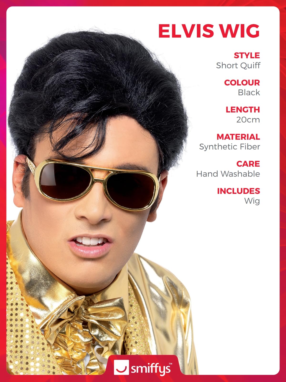 Smiffys Elvis Wig - Black with High Quiff and Sideburns 3