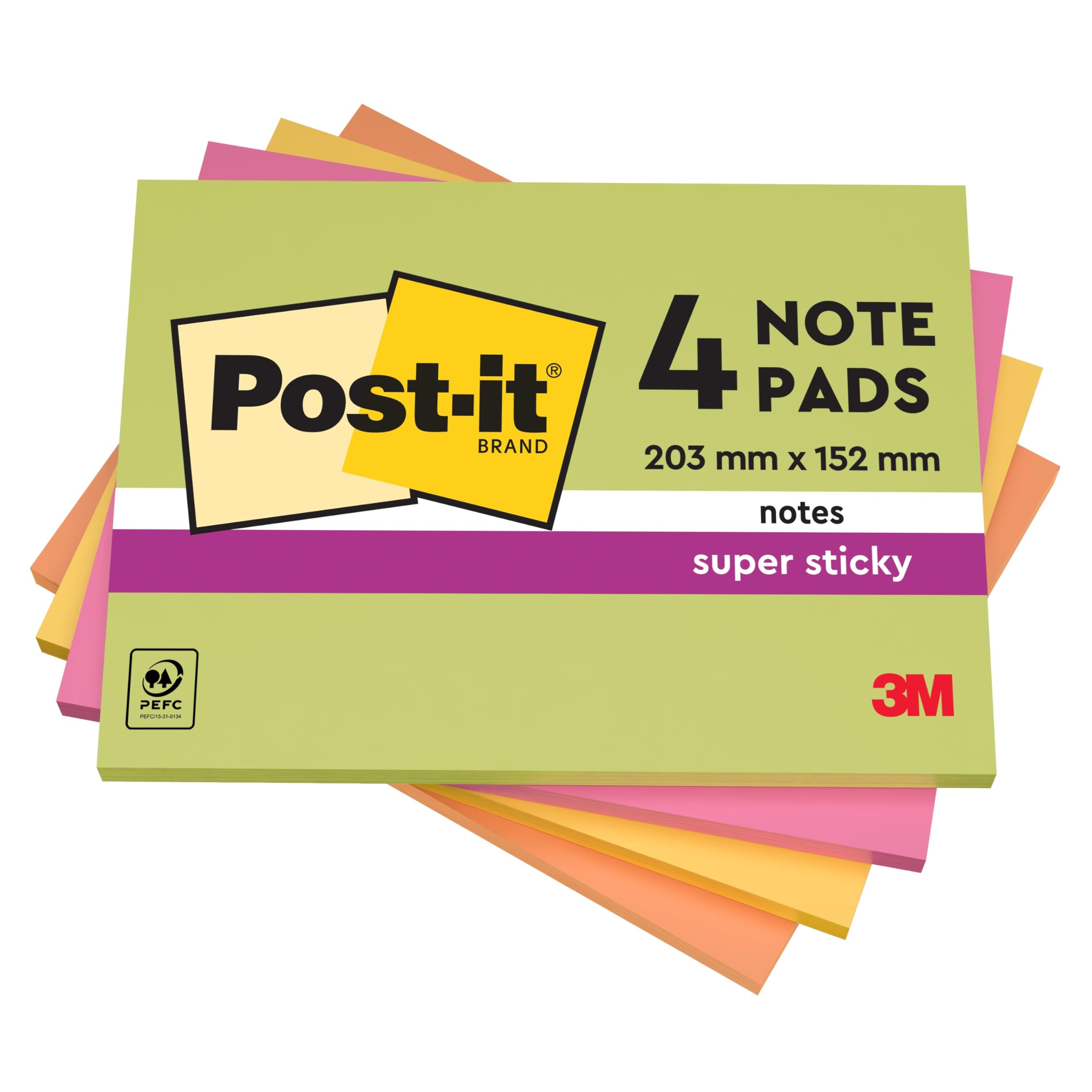 Post-it Super Sticky Notes - 152 x 101 mm Large Pad, Assorted Colors (4 Pads, 45 Sheets/Pad)