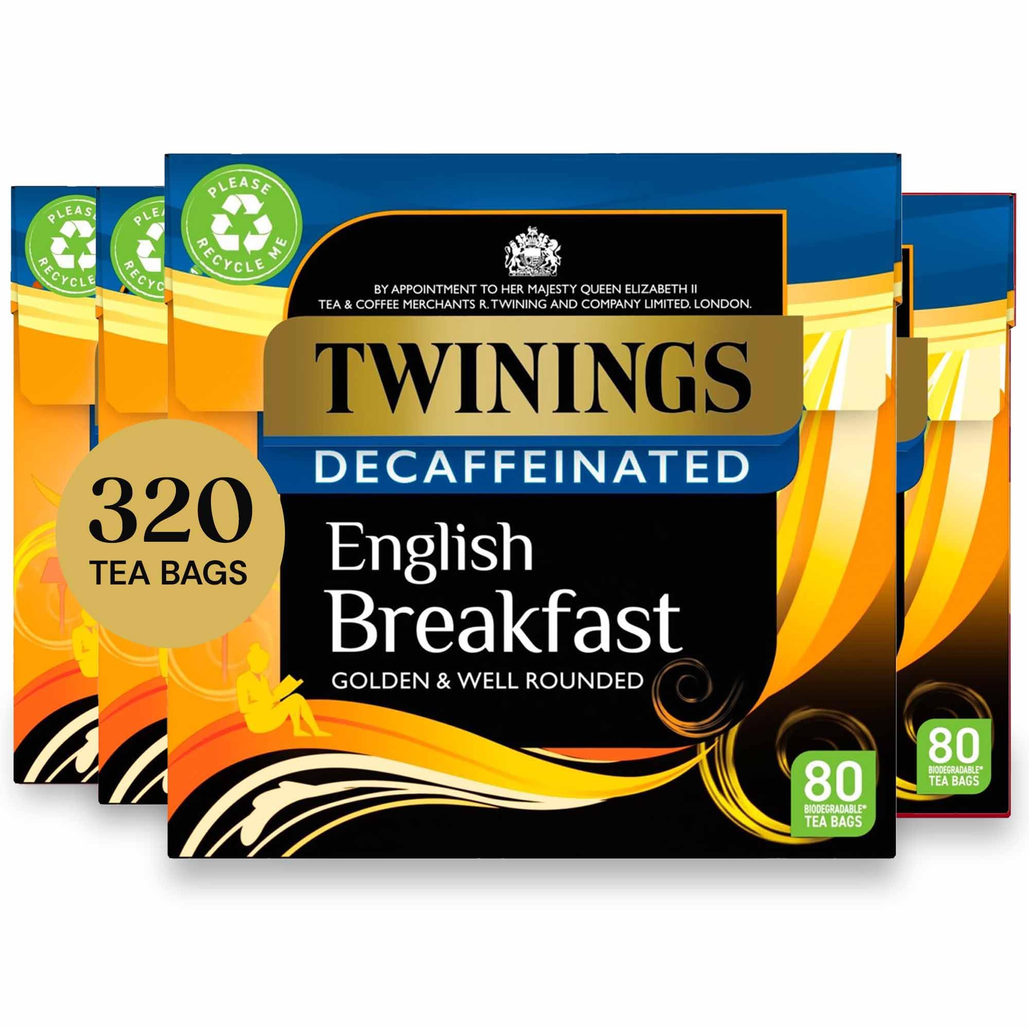 Twinings English Breakfast Decaf Tea - Golden, Well Rounded & Full Bodied Black Tea, 4 x 80 Tea Bags