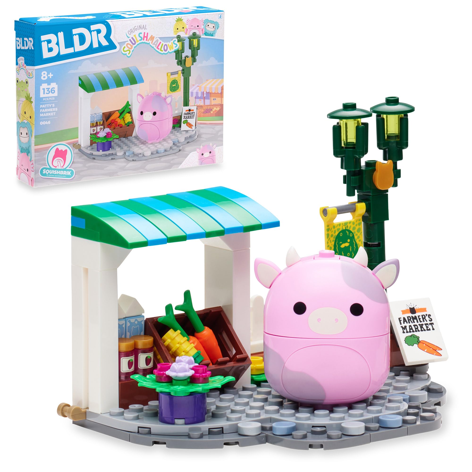 BLDR Squishmallows Patty’s Farmers Market Building Set - 136-Piece Playset with Patty the Pink Cow Figure 9
