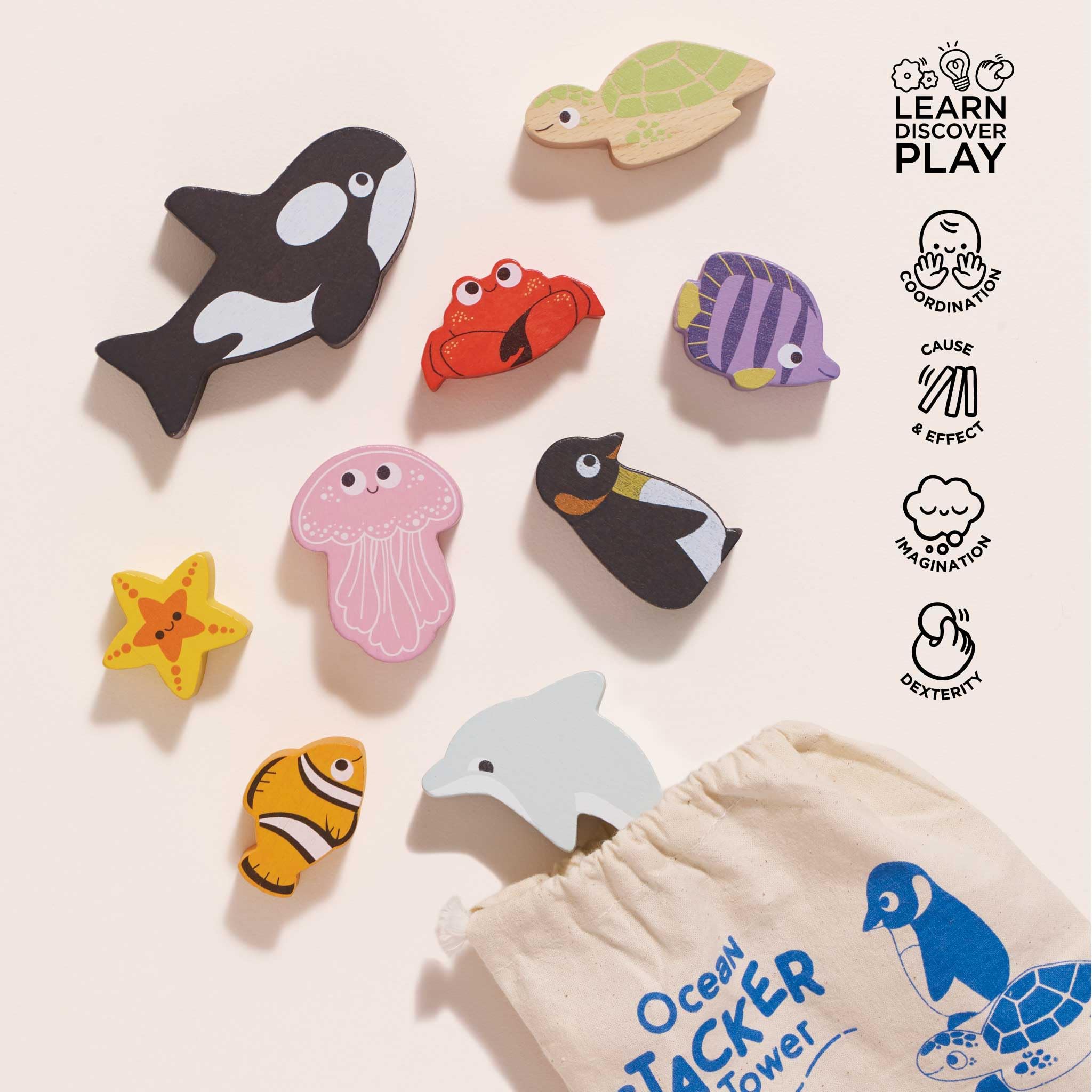 Le Toy Van Petilou Wooden Ocean Stacking Animals & Bag | Ages 18m+ 3