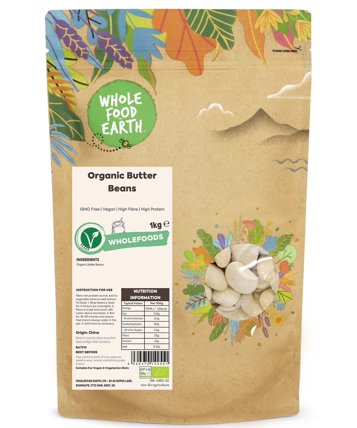 Organic Butter Beans 1kg - GMO Free, High Fibre, Vegan | Wholefood Earth