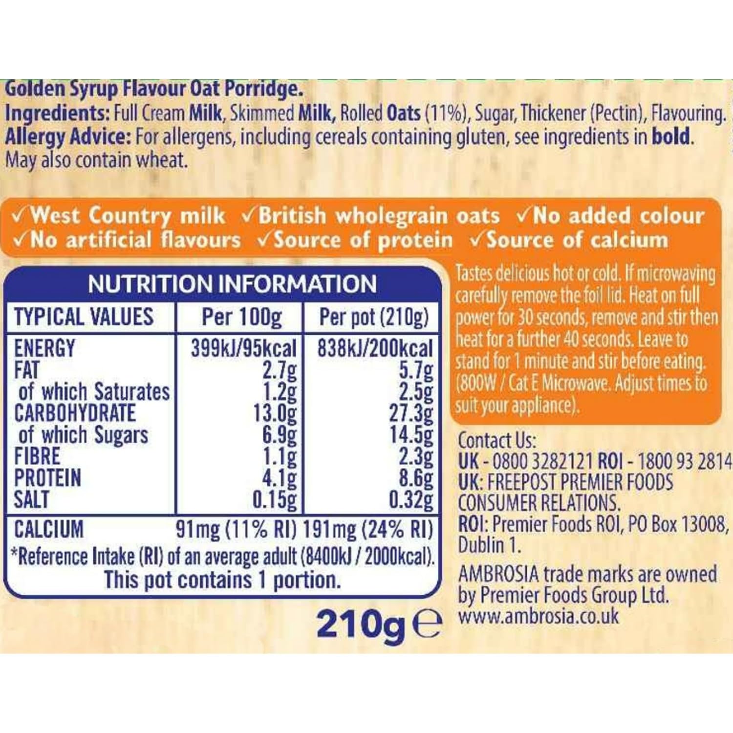 Ambrosia Low Fat Porridge Pots - Golden Syrup Flavour with British Wholegrain Oats | 6 x 210g