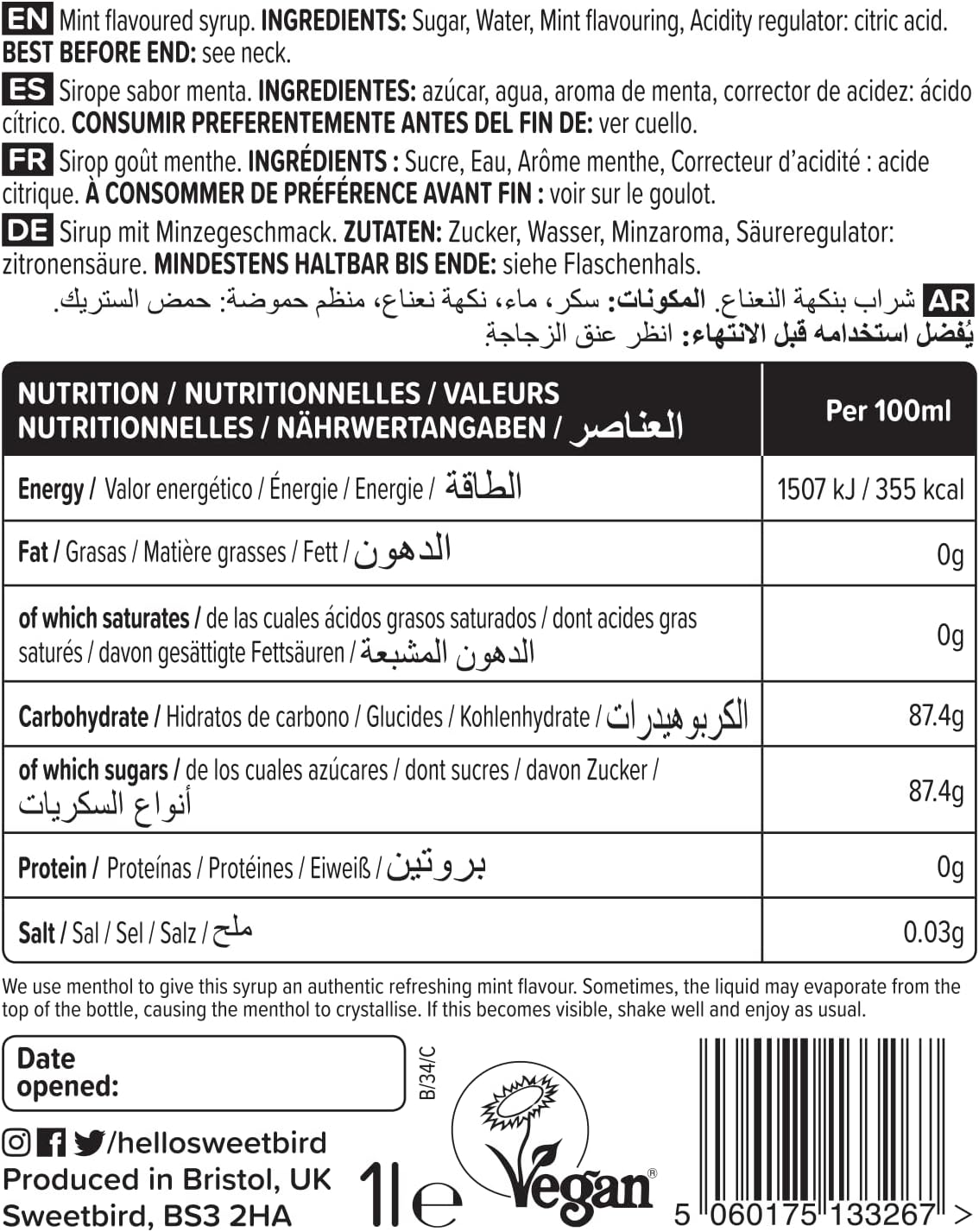 Sweetbird Mint Syrup (1 Litre) - Vegan Friendly, Natural Flavours, No Artificial Colours 6