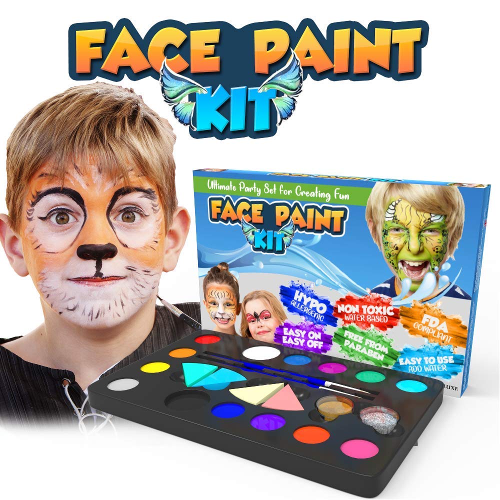Desire Deluxe Face Paints - 64 Piece Kit with 14 Colors, Glitter, Brushes & Stencils | Kids & Adults