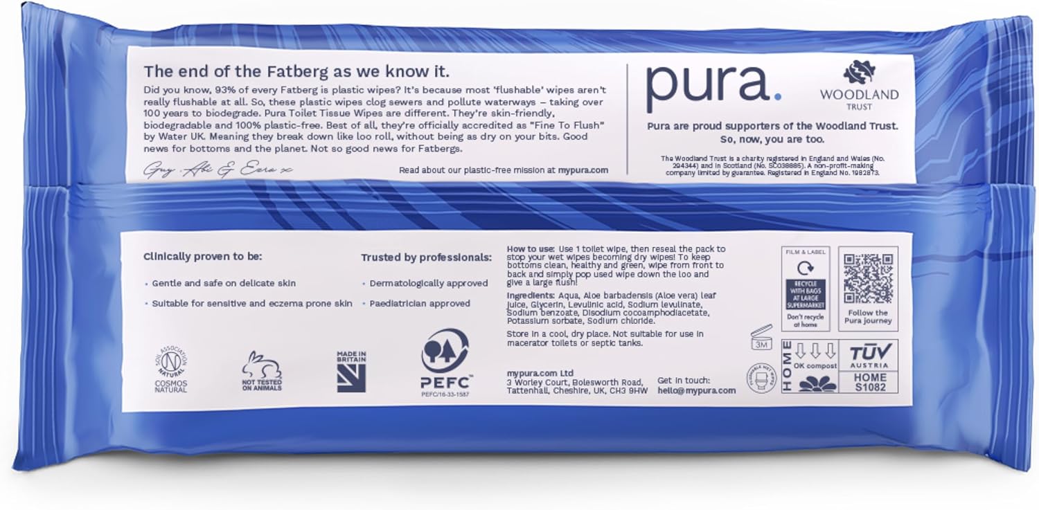 Pura – Feuchte Toilettentücher zum Abspülen, 100 % plastikfreie, biologisch abbaubare Feuchttücher (40 Stück) 5