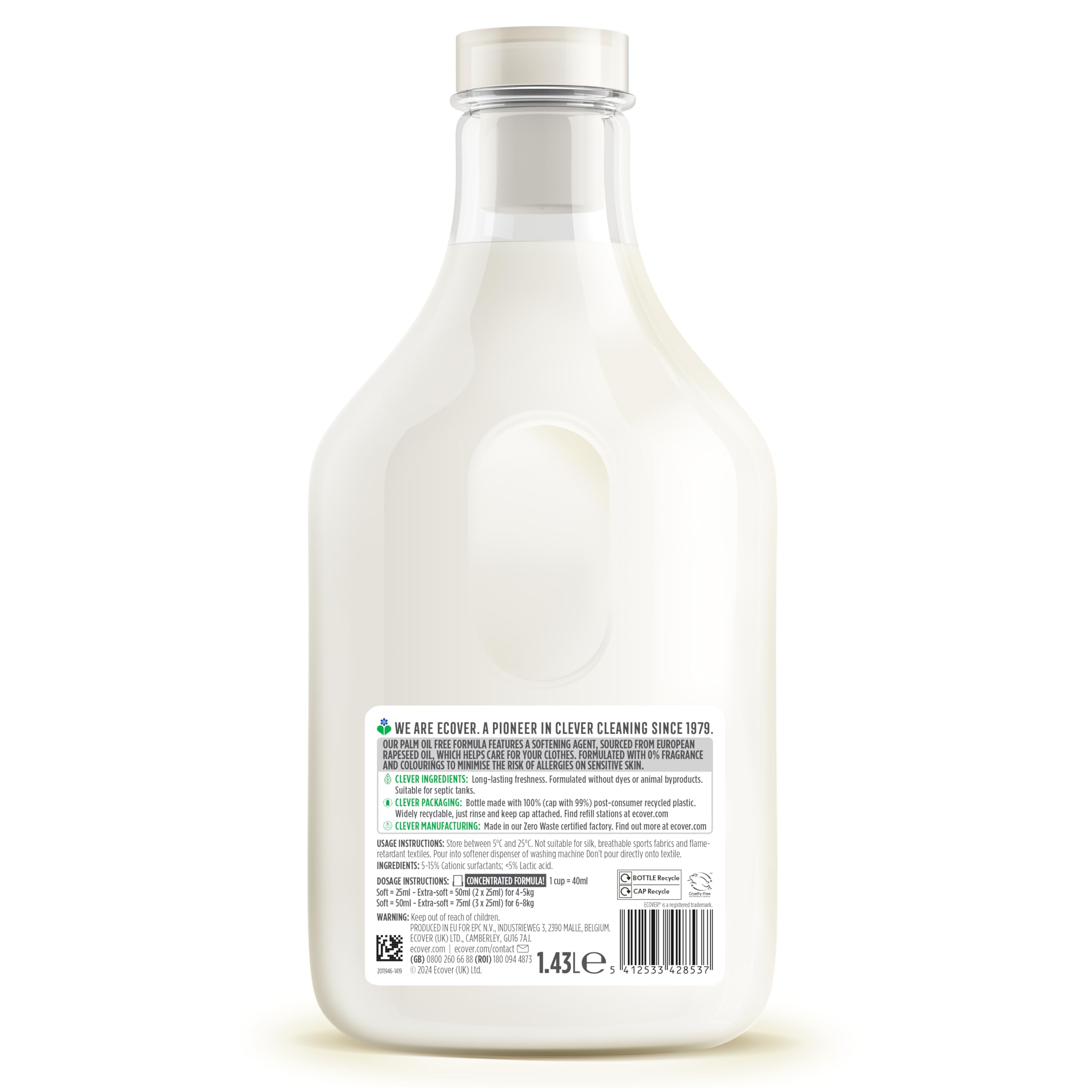 Ecover Zero Liquid Fabric Softener for Sensitive Skin - 1.43L | Softening & Odor Fighting