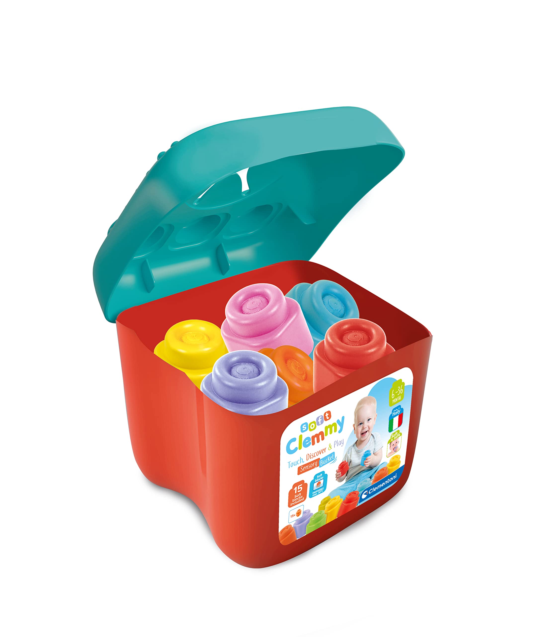 Clementoni 17807 Sensory Bucket - Soft Building Blocks for 6 Months+ 6
