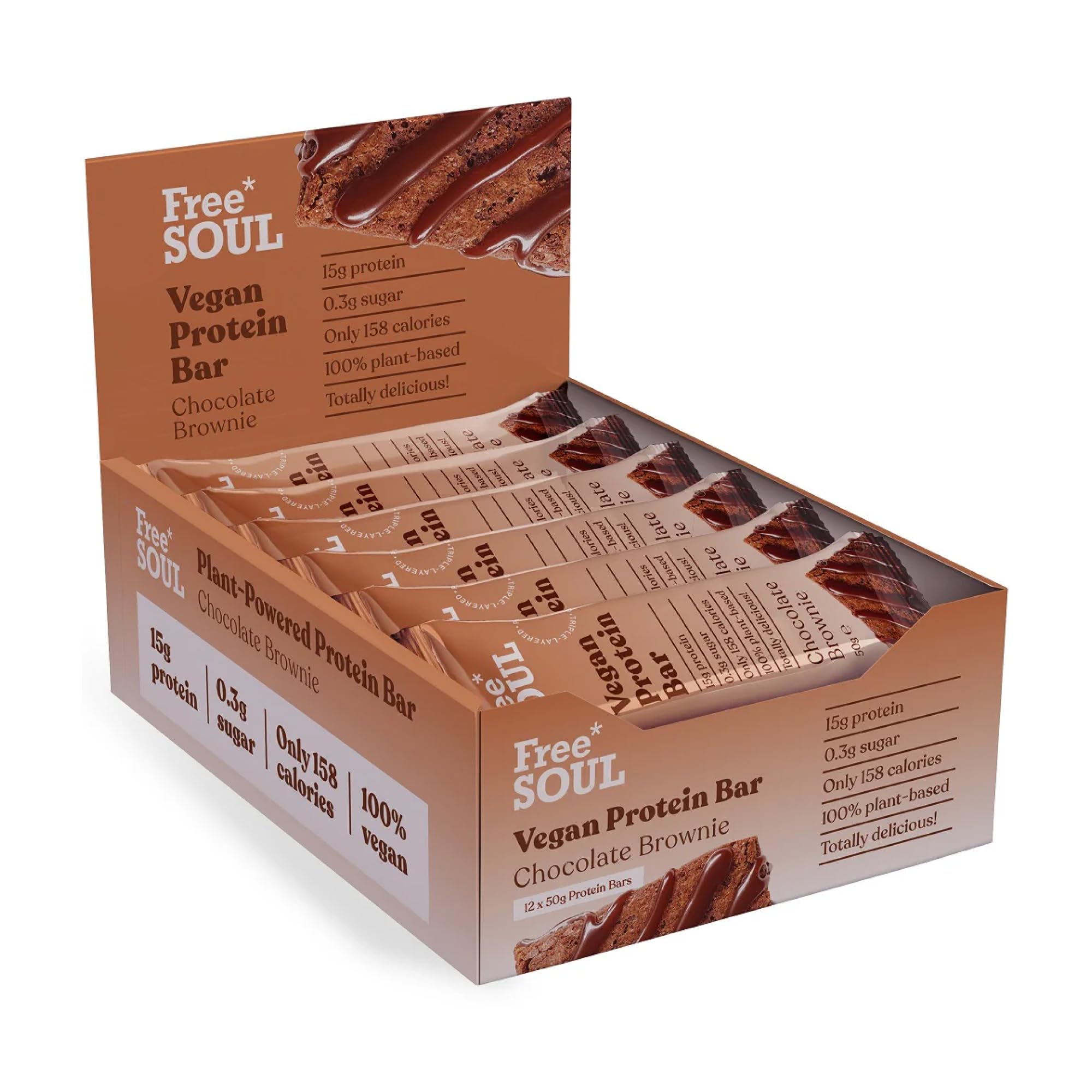 Free Soul Vegan Protein Bars 12 x 50g | Plant Based Chocolate Protein Snack | High Protein, Low Sugar