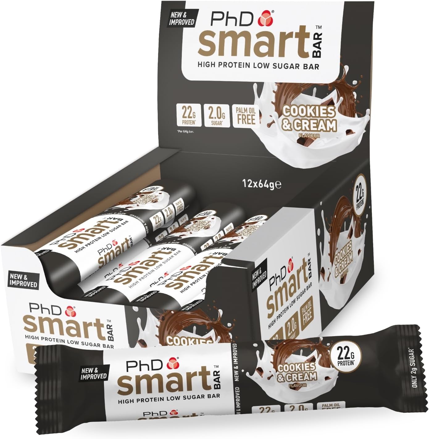 PhD Nutrition Smart Protein Bar, kalorienarm, proteinreich, zuckerarm, Cookies and Cream, 12 x 64 g