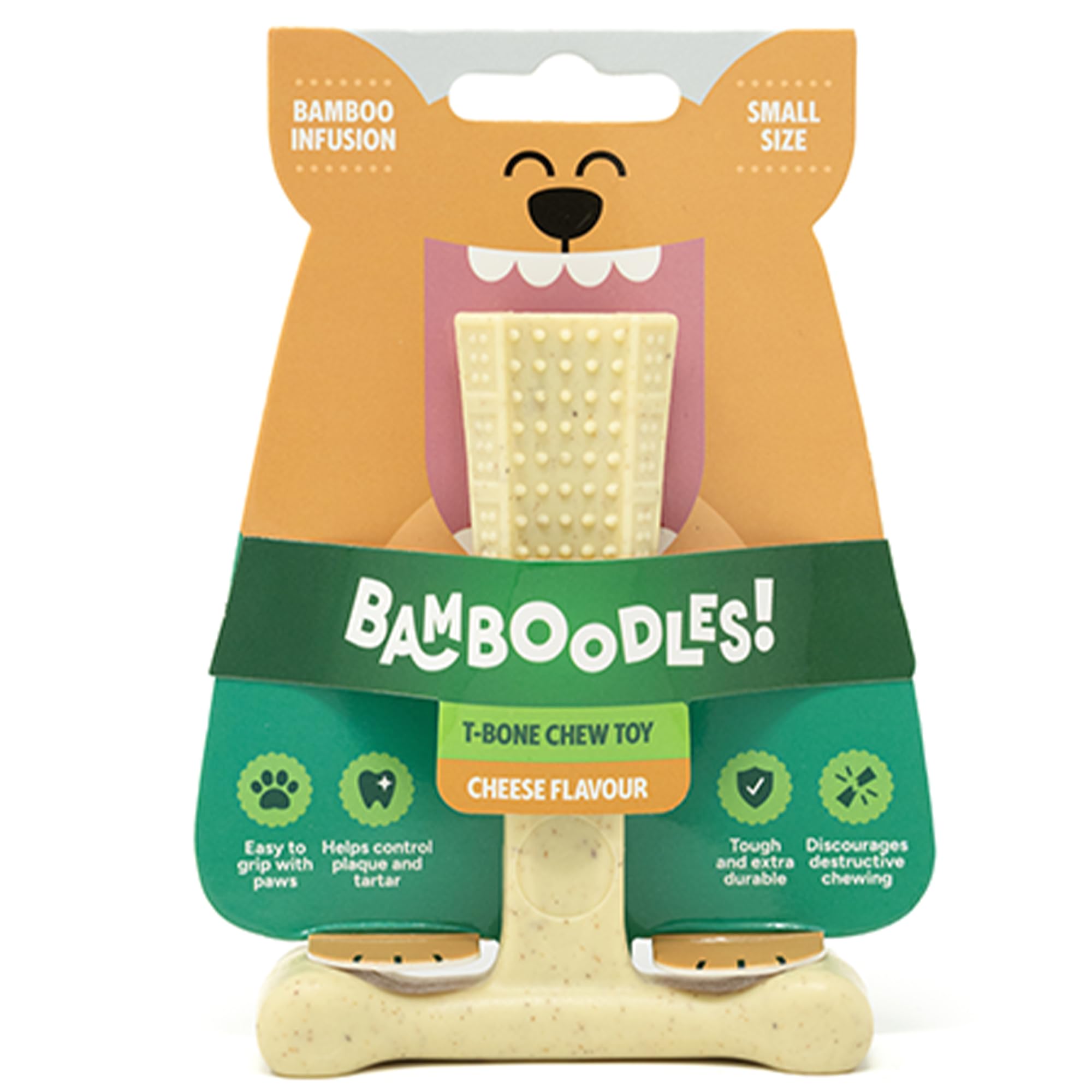 Bamboodles T-Bone Dog Chew Toy - Small Size | Cheese Flavour | Durable Natural Bamboo Fibre