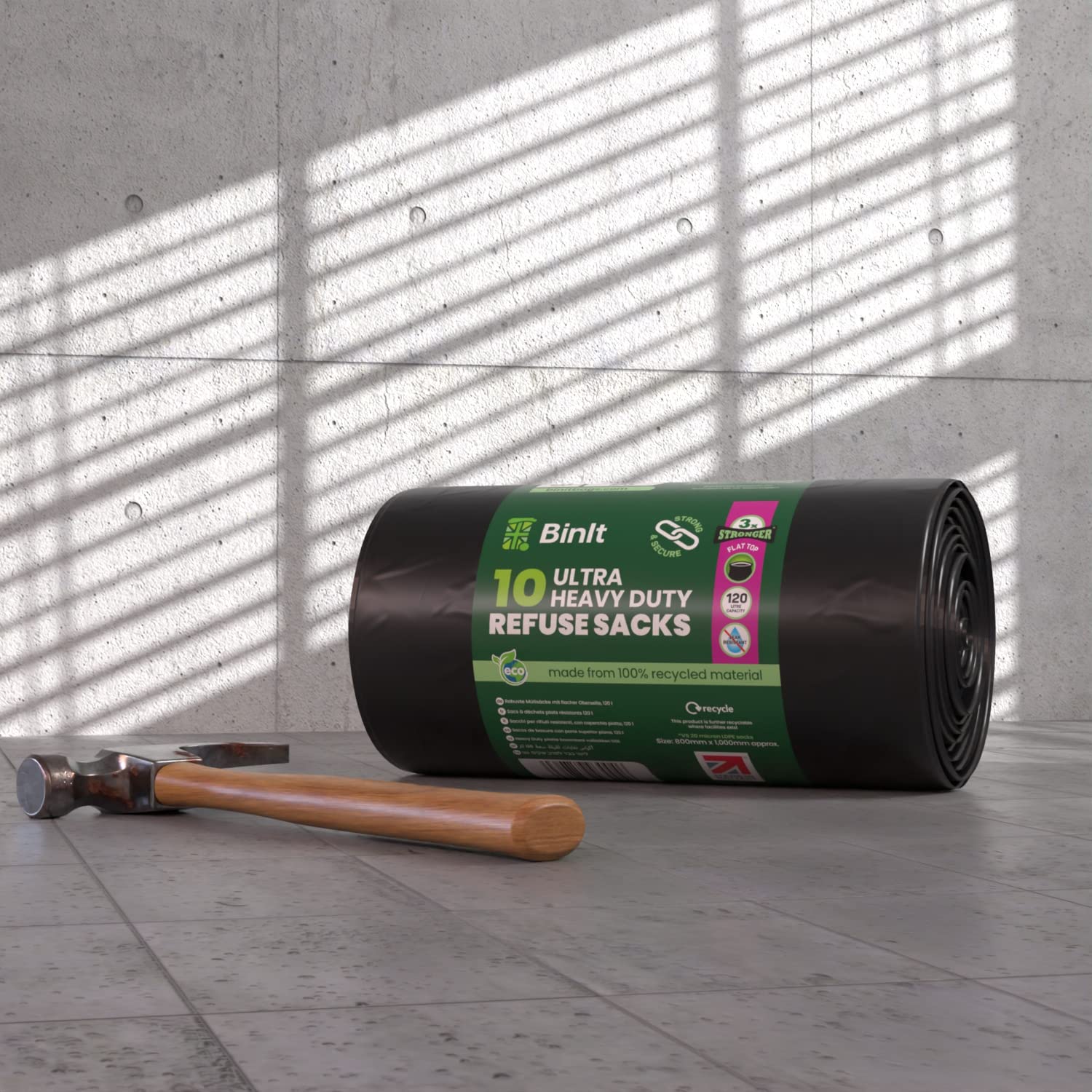 BIN IT Ultra Heavy Duty 120L Refuse Sacks 10 Pack, 80kg Lift Tested, 60μm Thickness, Recycled LDPE Bin Liners 3