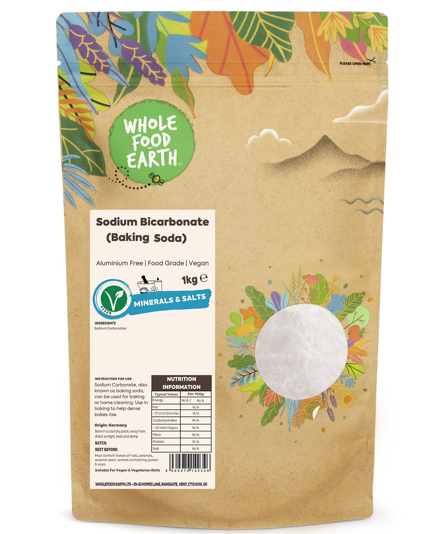 Wholefood Earth Sodium Bicarbonate Baking Soda Powder - 1 kg | Versatile Leavening & Cleaning Agent