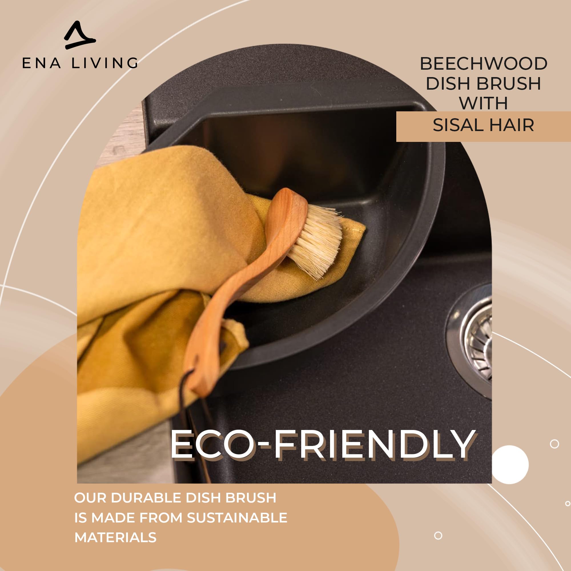 ENA Living Wooden Dish Brush (26x4 cm) | FSC-Certified Beechwood with Horsehair Bristles 5