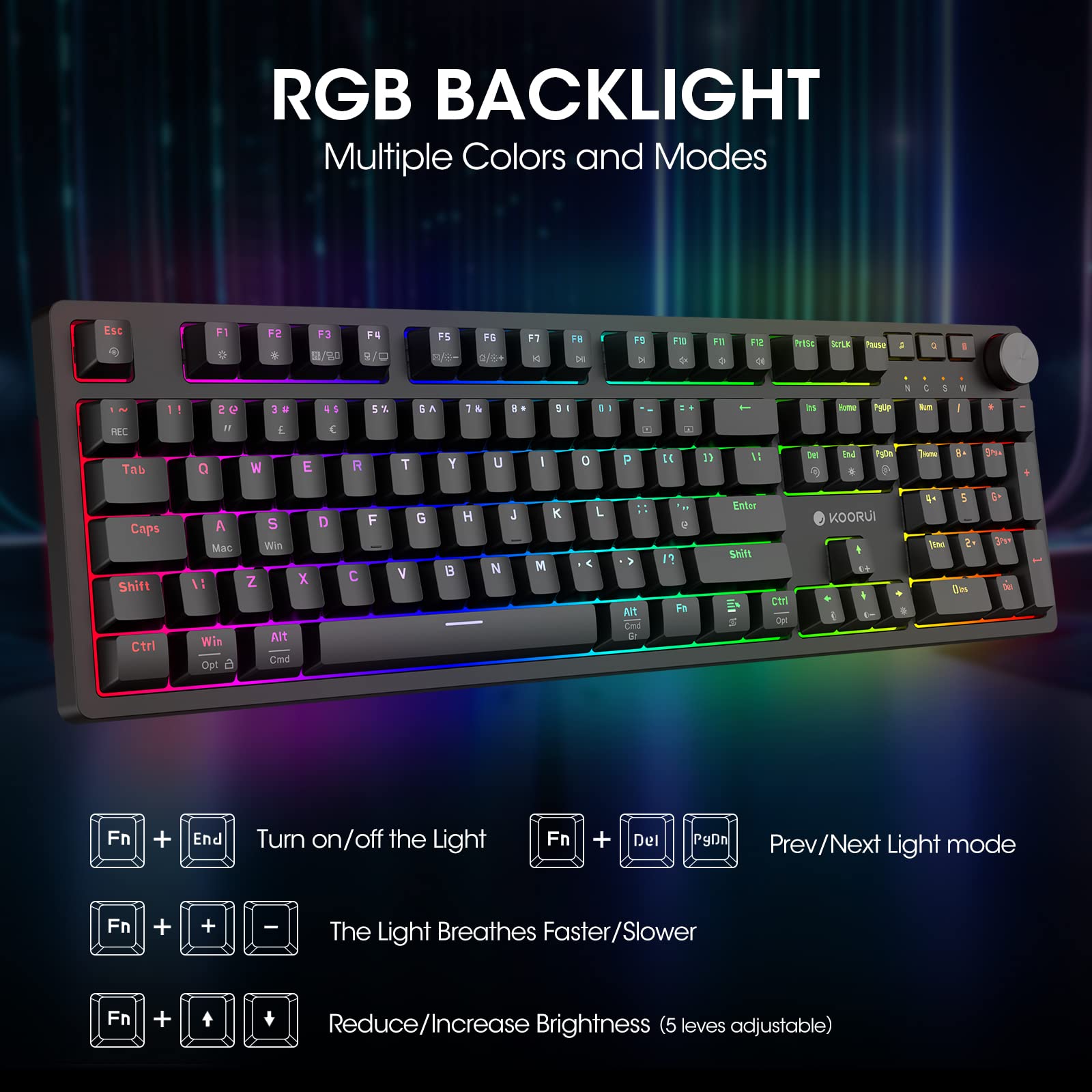 KOORUI MK104-RED Mechanische Gaming-Tastatur – 104 Tasten, 26 RGB-Hintergrundbeleuchtungseffekte, steckbare Schalter, Anti-Ghosting, kabelgebunden für PC und Mac 6