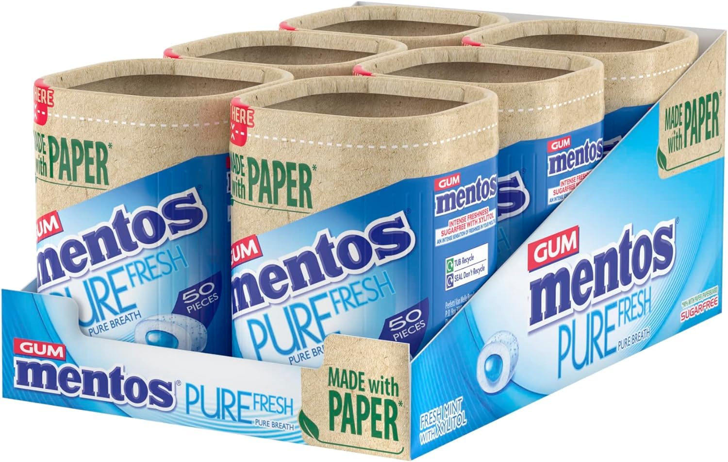 MENTOS Pure Fresh Sugar Free Chewing Gum - Fresh Mint Flavor | 50 Count (Pack of 6)