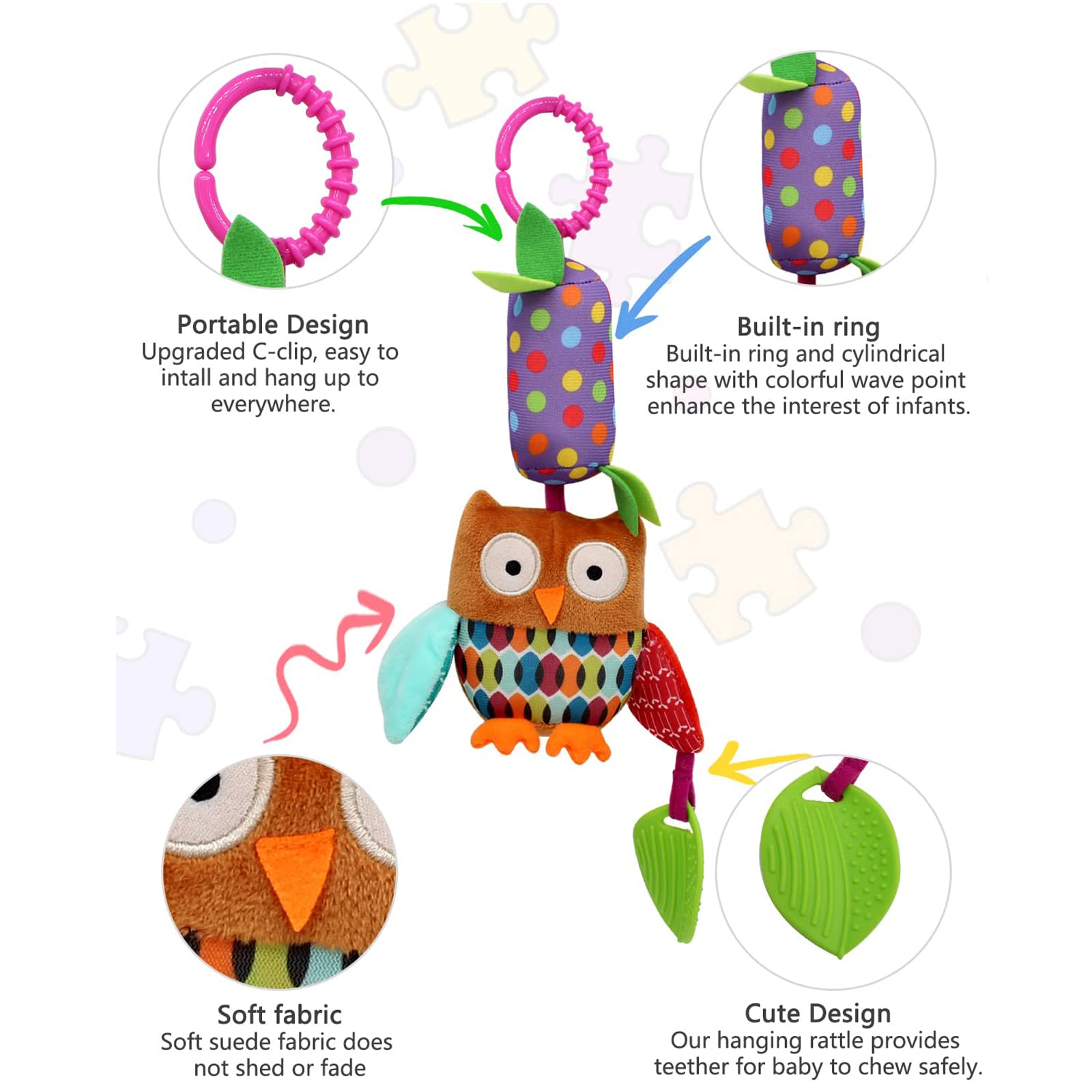 wohot 4-Pack Baby Stroller Hanging Toys - Animal Rattles with Teether for 2 Months to 3 Years 7