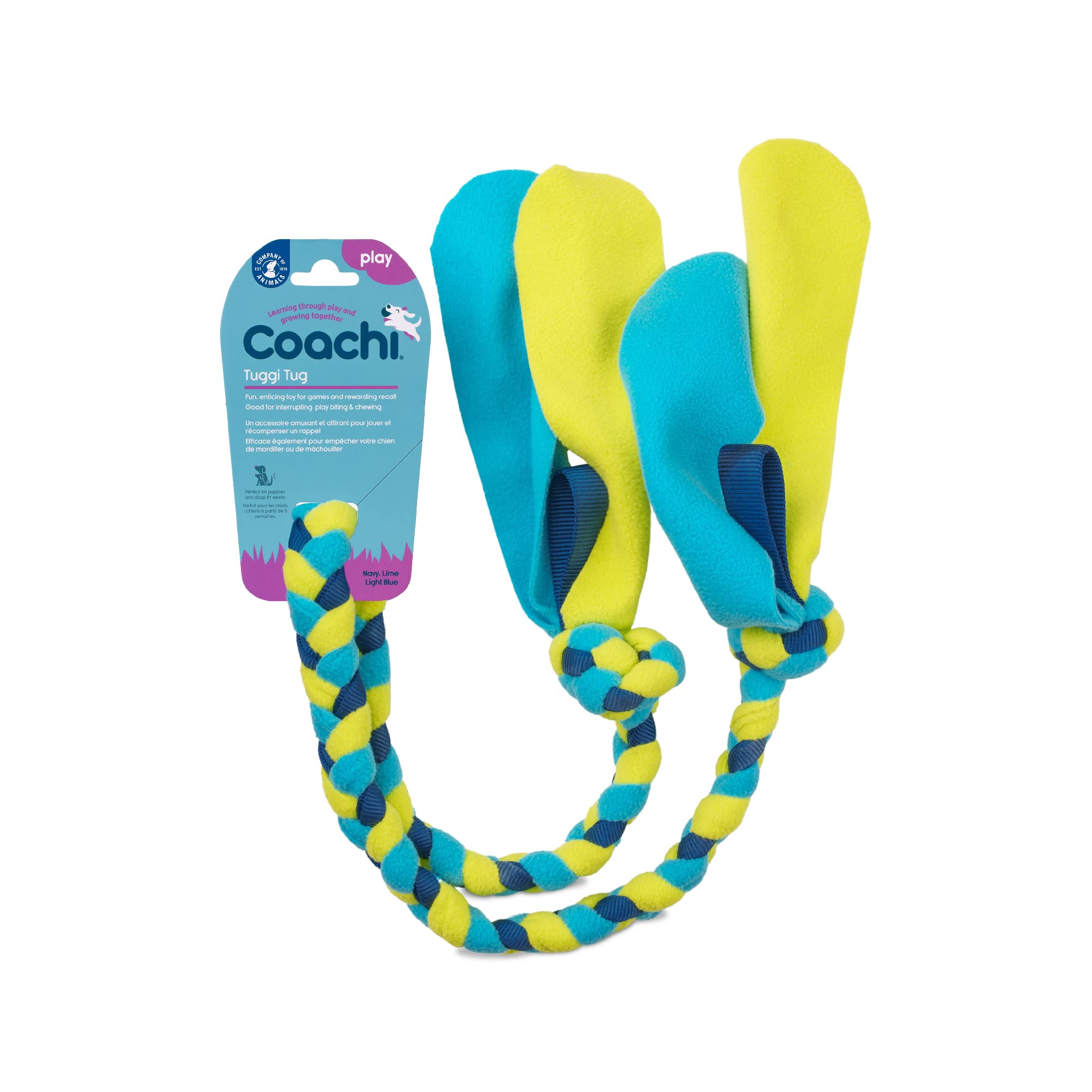 Coachi Tuggi Tug - Interactive Dog Toy for Tug of War & Training | Strong Polyester | Navy, Lime & Light Blue