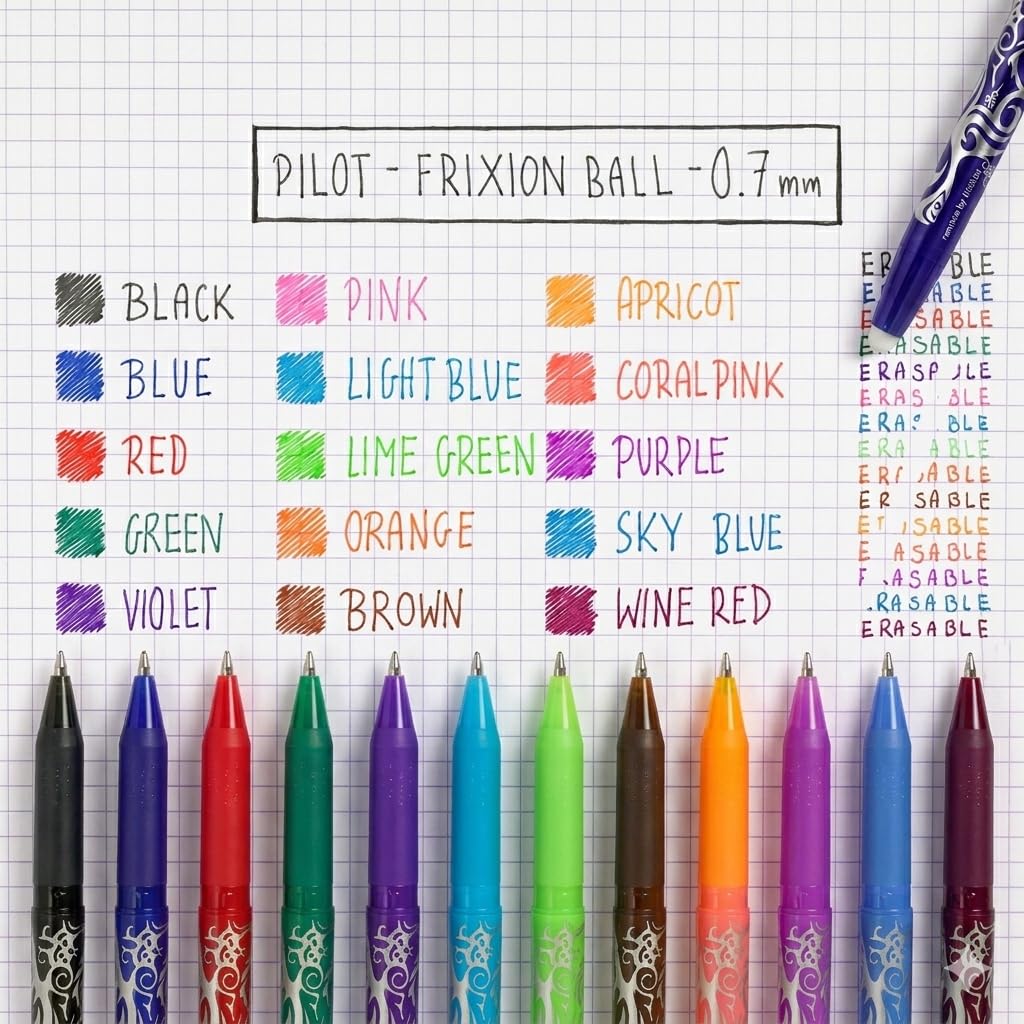 PILOT FriXion Ball 07 Erasable Gel Ink Rollerball Pen Set | 0.7mm Medium Tip | Refillable 4