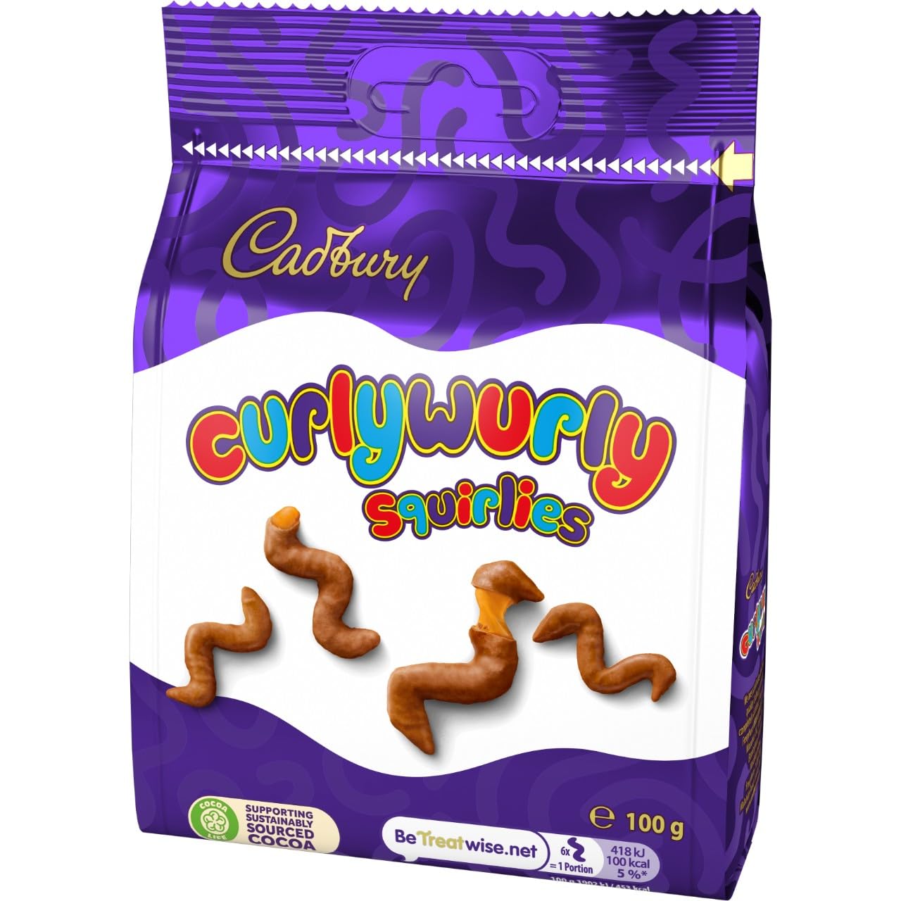 Cadbury Curly Wurly Squirlies aus Milchschokolade, mundgerechte, zähe Karamell-Leckereien, 100 g Beutel zum Teilen 4
