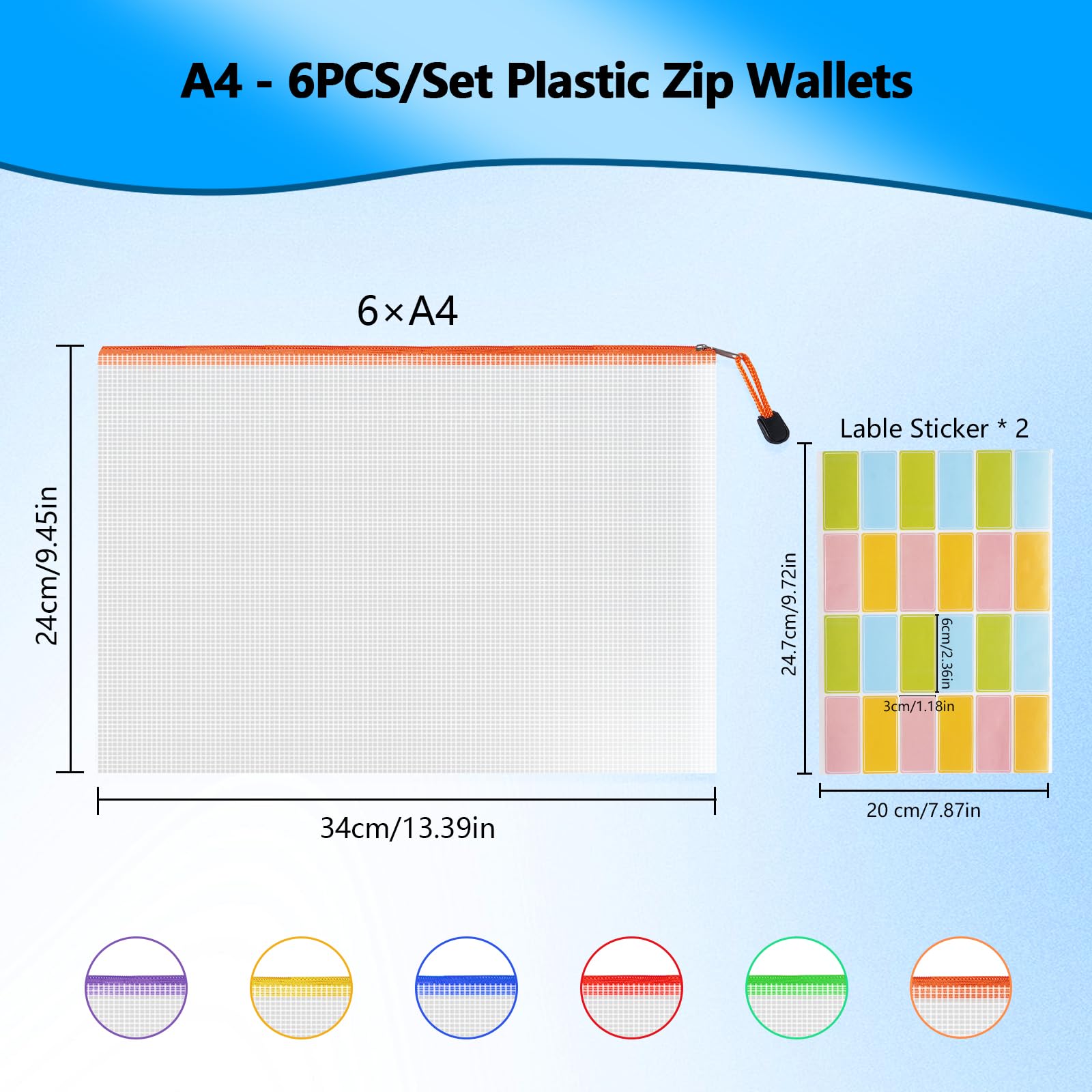 NORTHERN BROTHERS A4 Plastic Zip Wallets - 6PCS Waterproof Document Folders with Labels 3