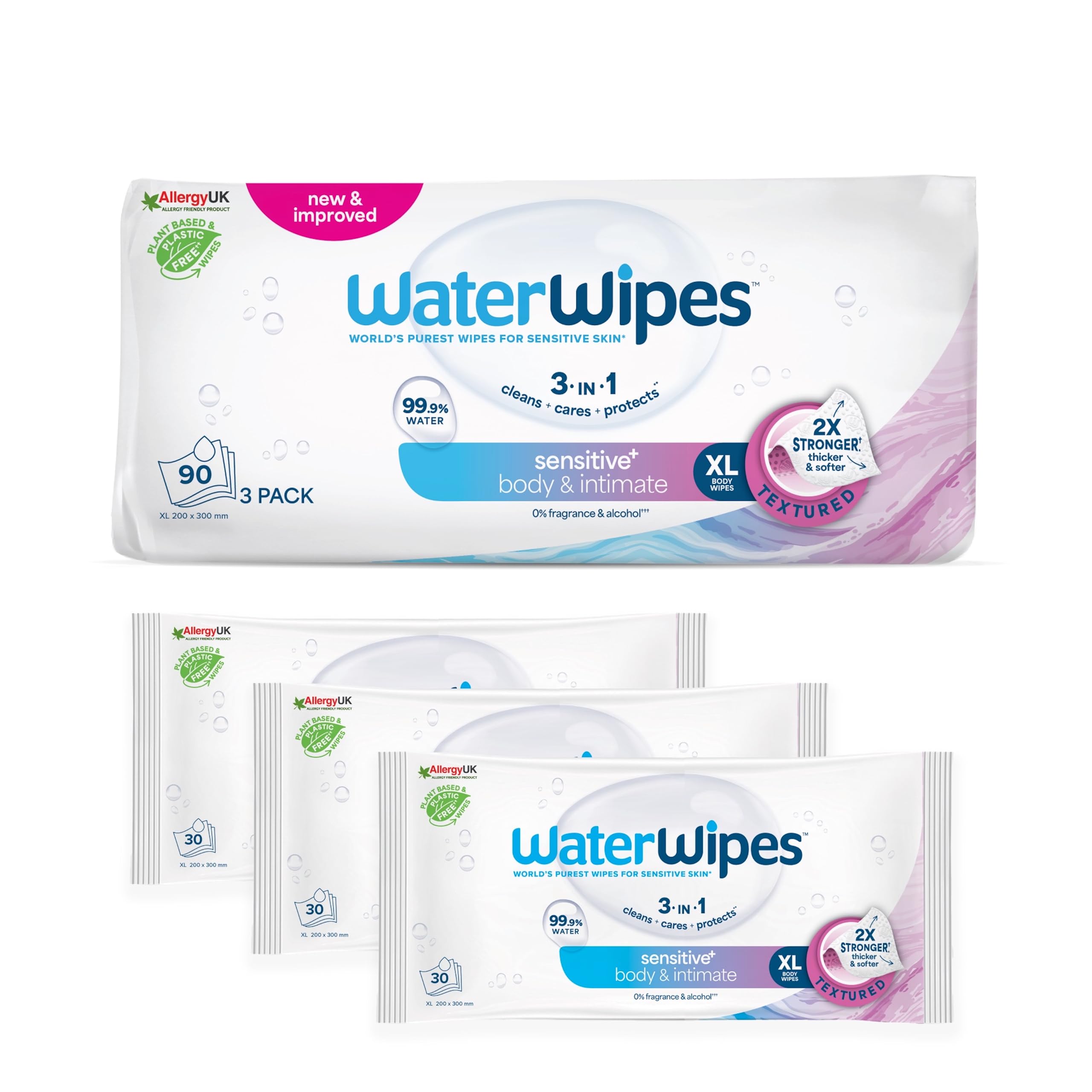 WaterWipes Sensitive+ Körper- und Intimpflegetücher, 90 Tücher (3 Packungen) – 3-in-1-Reinigungstücher, plastikfrei*, auf Pflanzenbasis