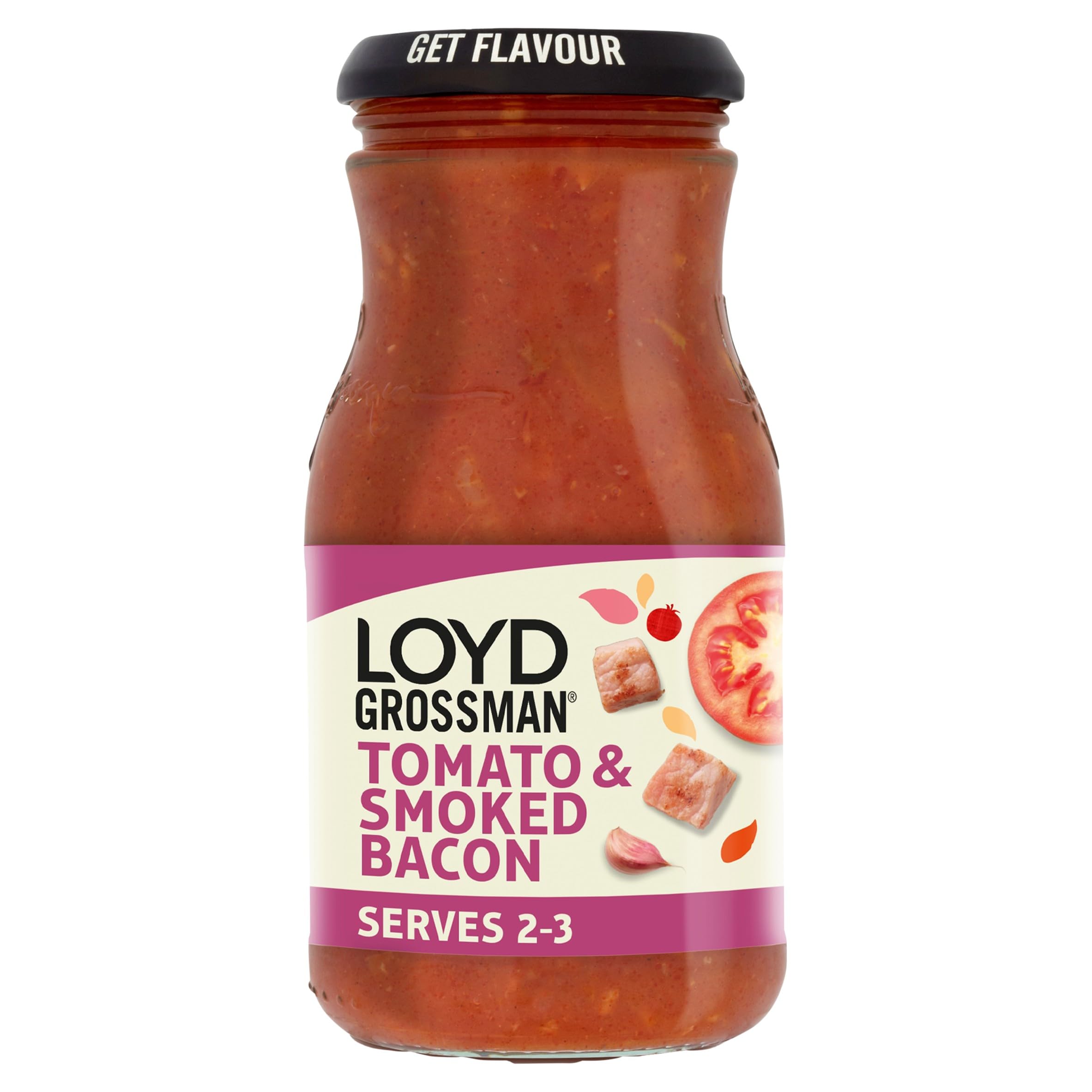 Loyd Grossman Italian Tomato & Smoked Bacon Sauce - Rich Tomato Base with Bacon & Chilli | 350g Jar