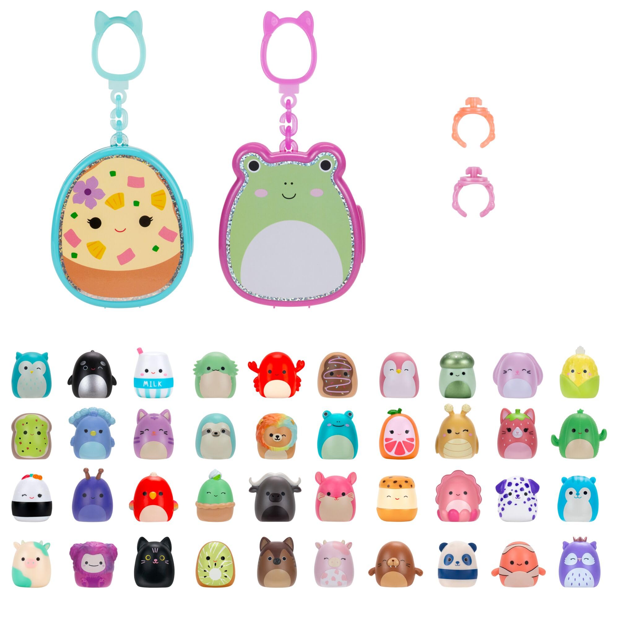 Squish-a-longs Mini-Squish Multipack with 2 Clip-a-longs and 40 Mini Figures – Saku the Hawaiian Pizza & Wendy the Frog Themed Carrying Cases 12