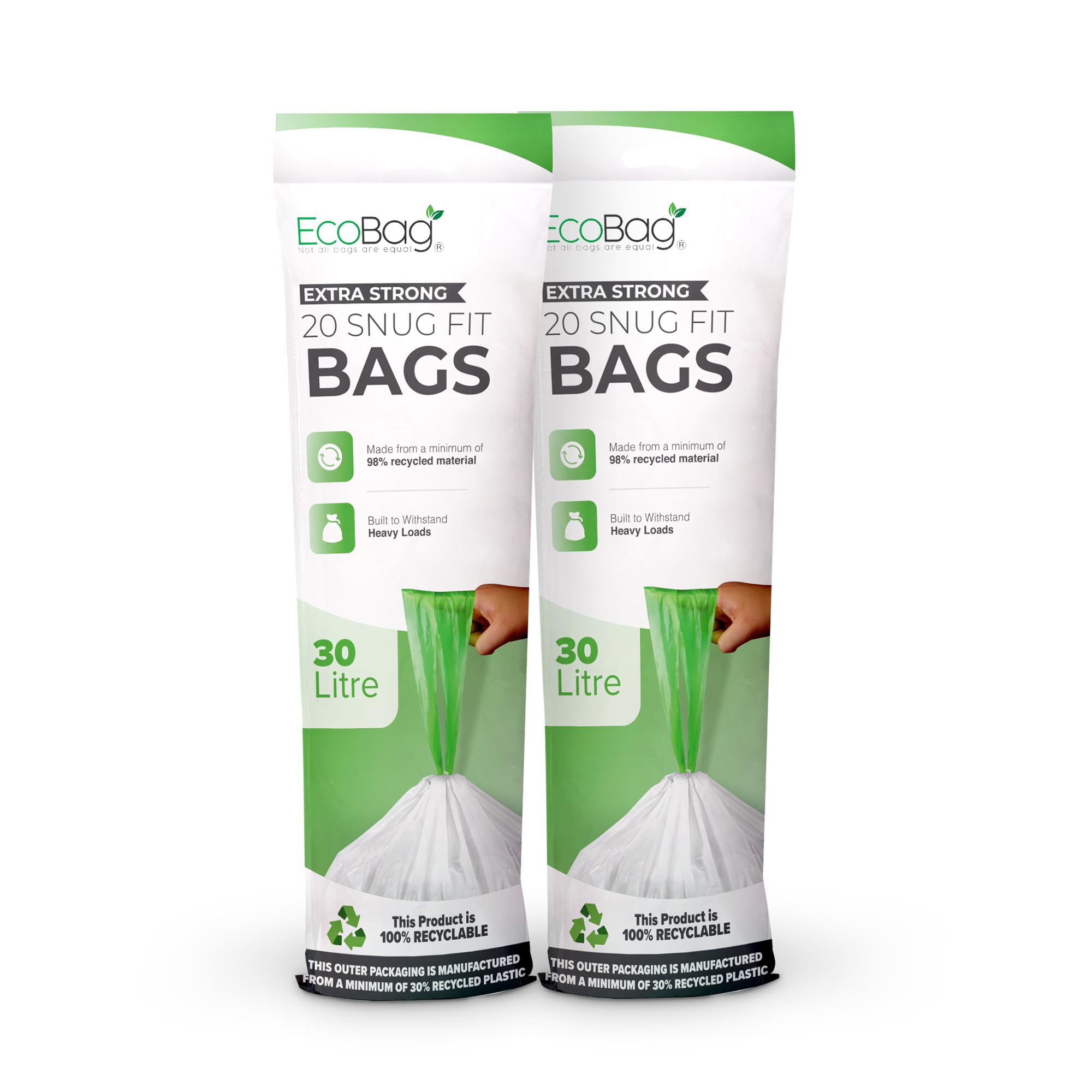 EcoBag 40 Pack White Kitchen Drawstring Bin Liner - 30L - 25 Microns - 232 Model