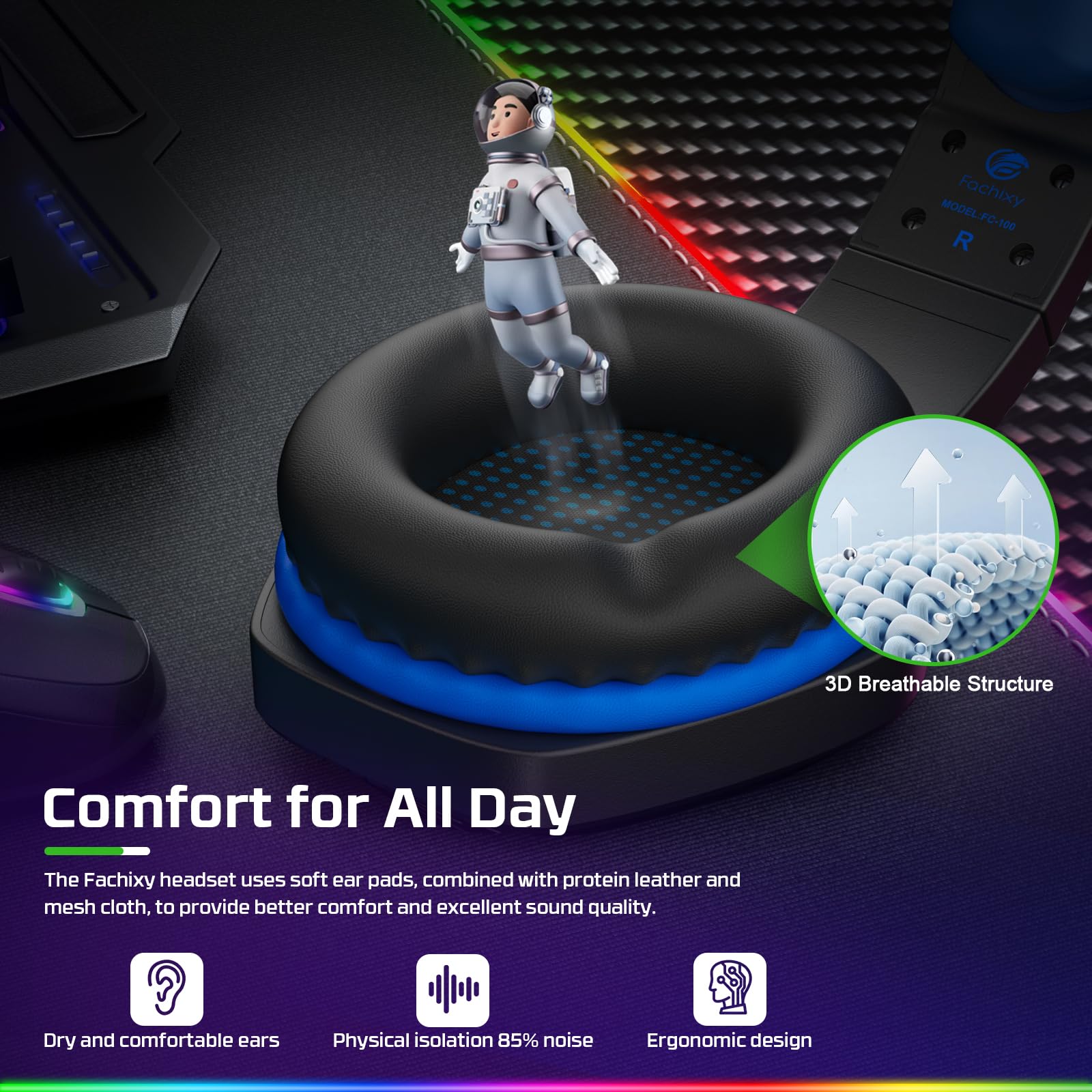 Fachixy FC-100 Gaming-Headset für PS4, PS5, PC, Xbox One, Switch – RGB-Beleuchtung, 50-mm-Treiber, Mikrofon mit Geräuschunterdrückung 6