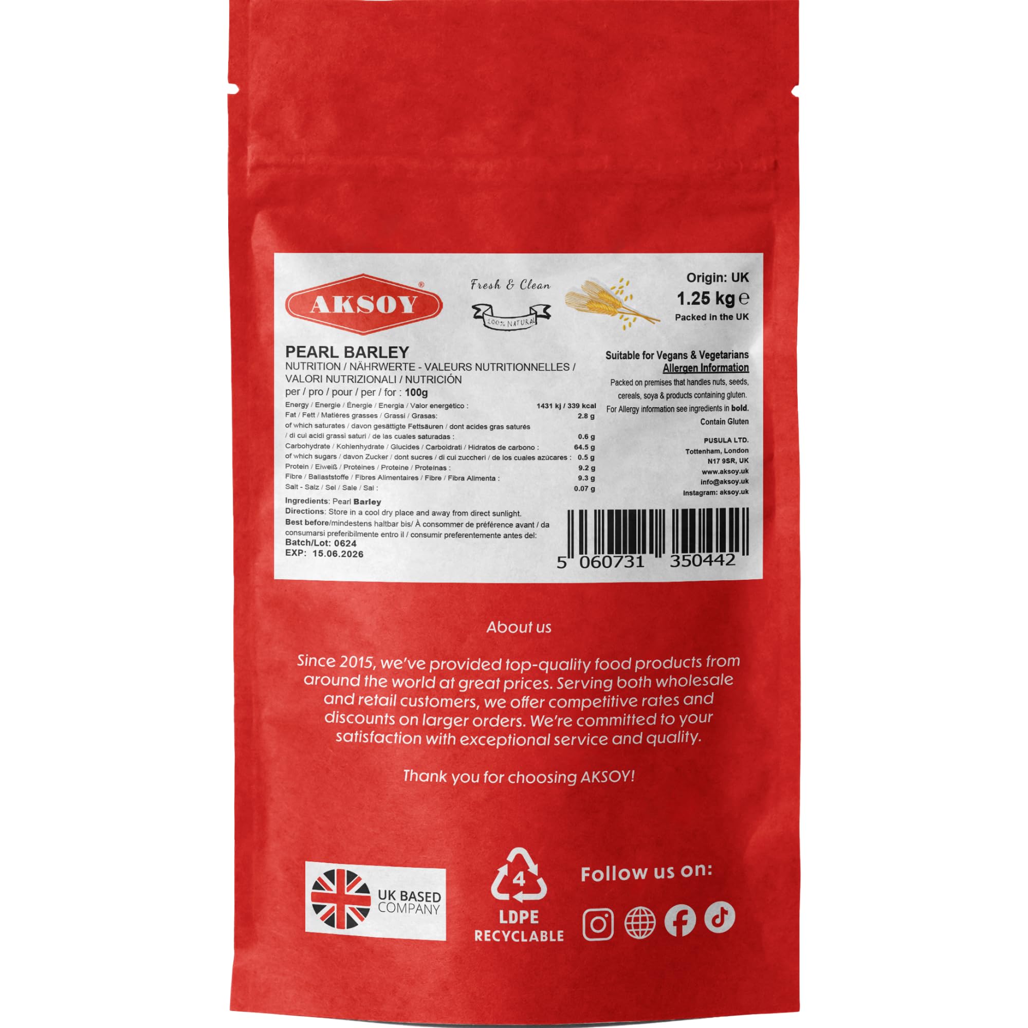 AKSOY Wholefoods Pearl Barley - 1.25KG Bag | High Fiber Grain for Soups & Salads 6