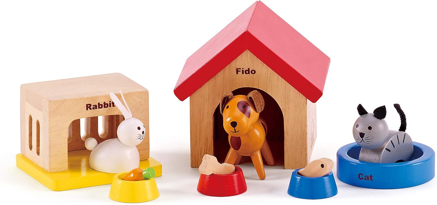 Hape Family Pets Wooden Playset - Dog, Cat, Bunny with Homes & Food Bowls for 3+ Years
