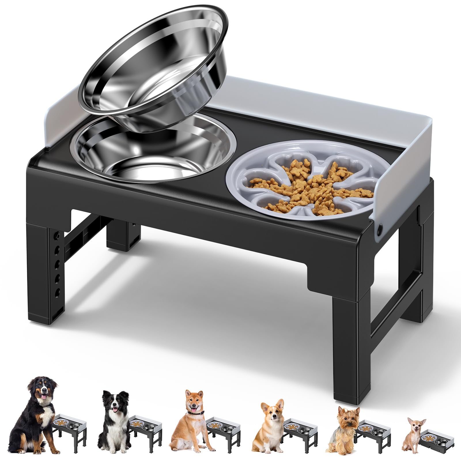 Euqvunn Elevated Dog Bowls with Stand - 6-Level Height Adjustable | 5° Tilt | Includes Slow Feeder