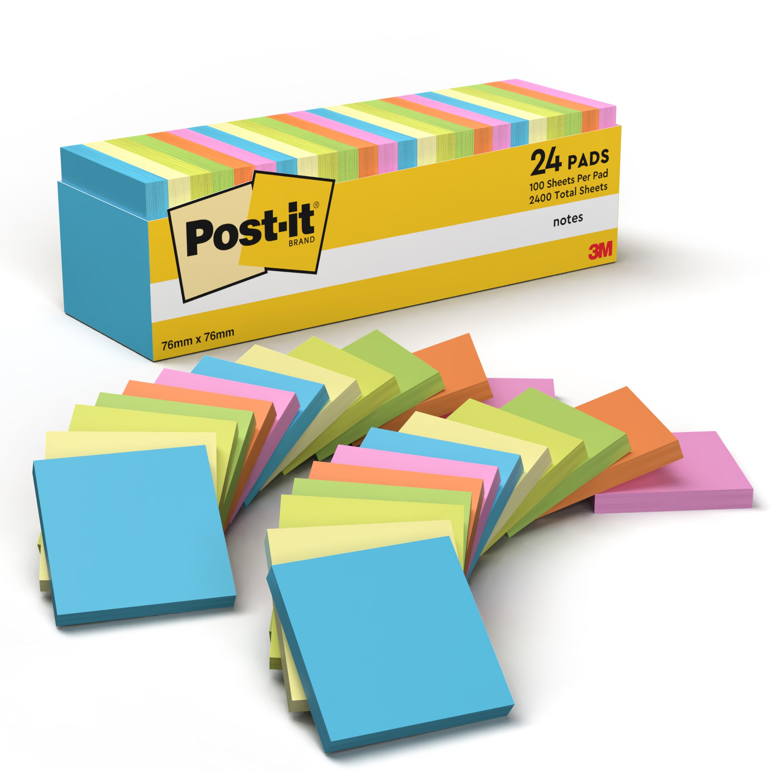 Post-it Notes - Assorted Colours, 24 Pads, 100 Sheets/Pad | 76 mm x 76 mm Square