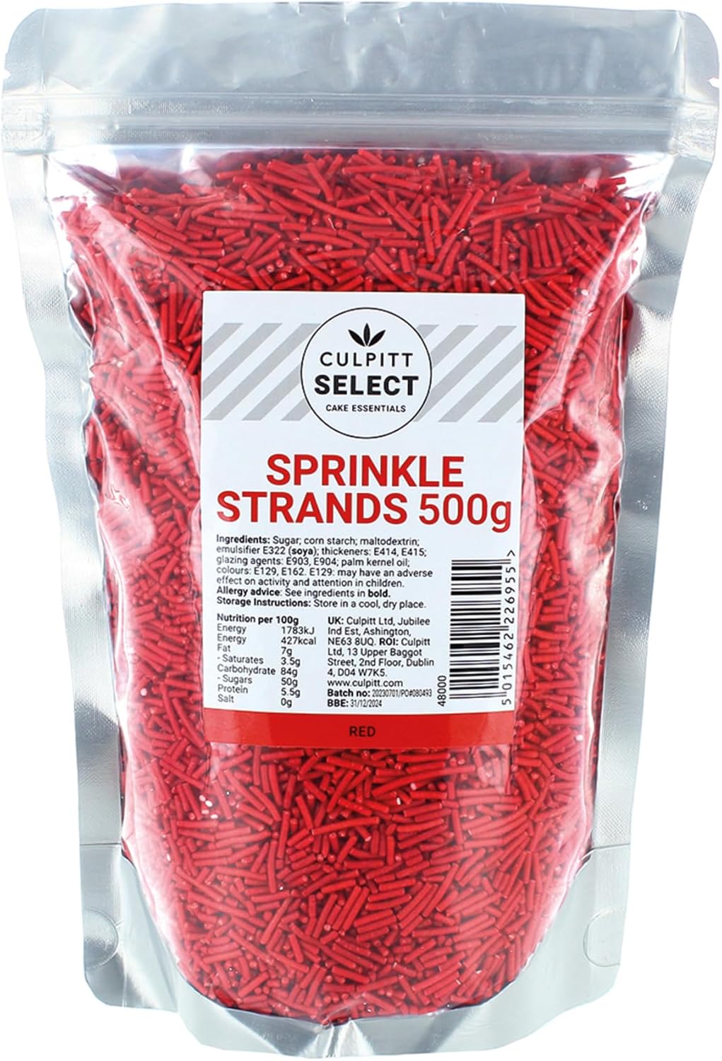 Culpitt Select Red Sugar Strands - Cake Sprinkle Decorations for Cakes, Cupcakes, Cookies, Ice Cream | 500g