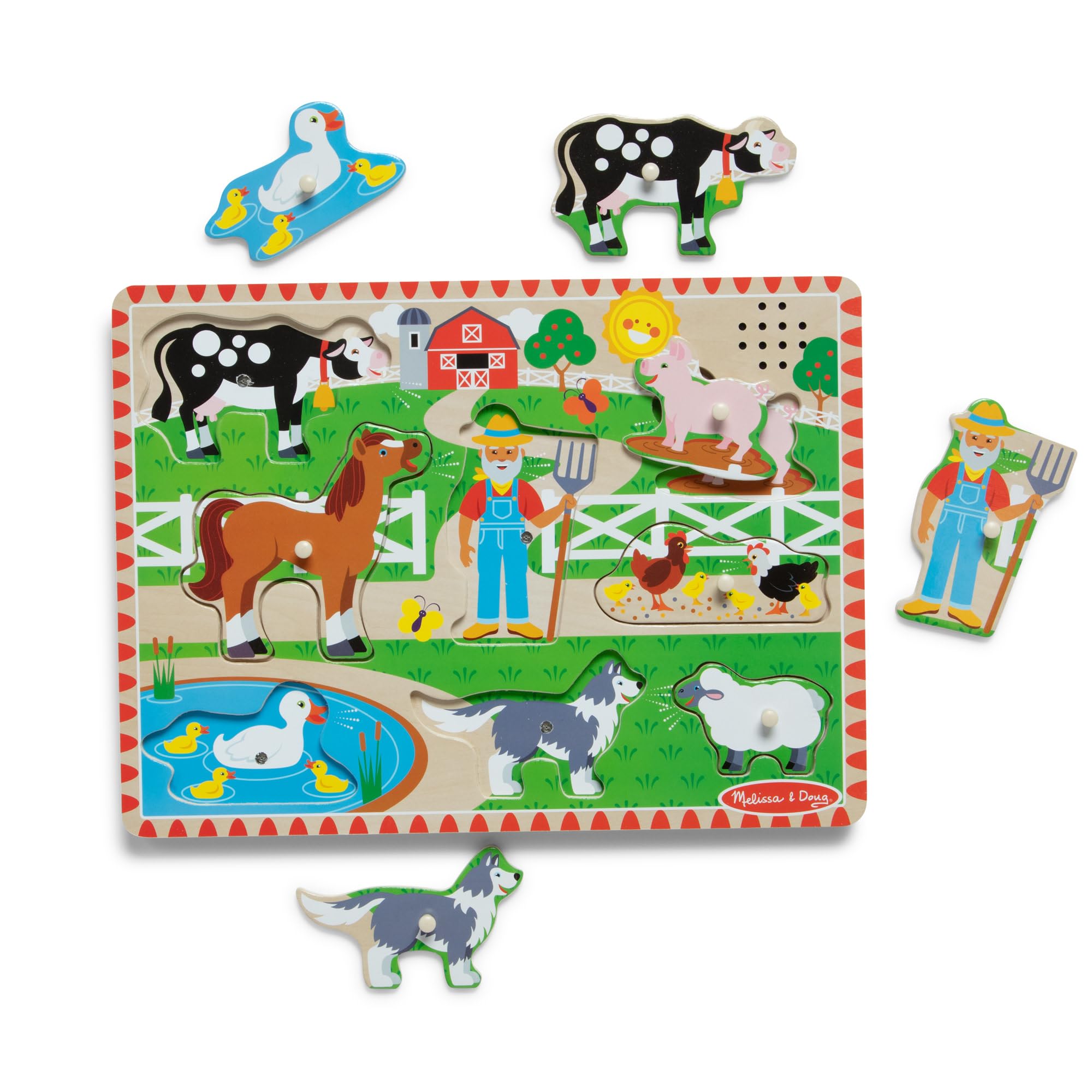 Melissa & Doug Old MacDonald’s Farm − Wooden Animal Sound Puzzle with Pegs | Educational Toy for Toddlers | Age 2+ 6