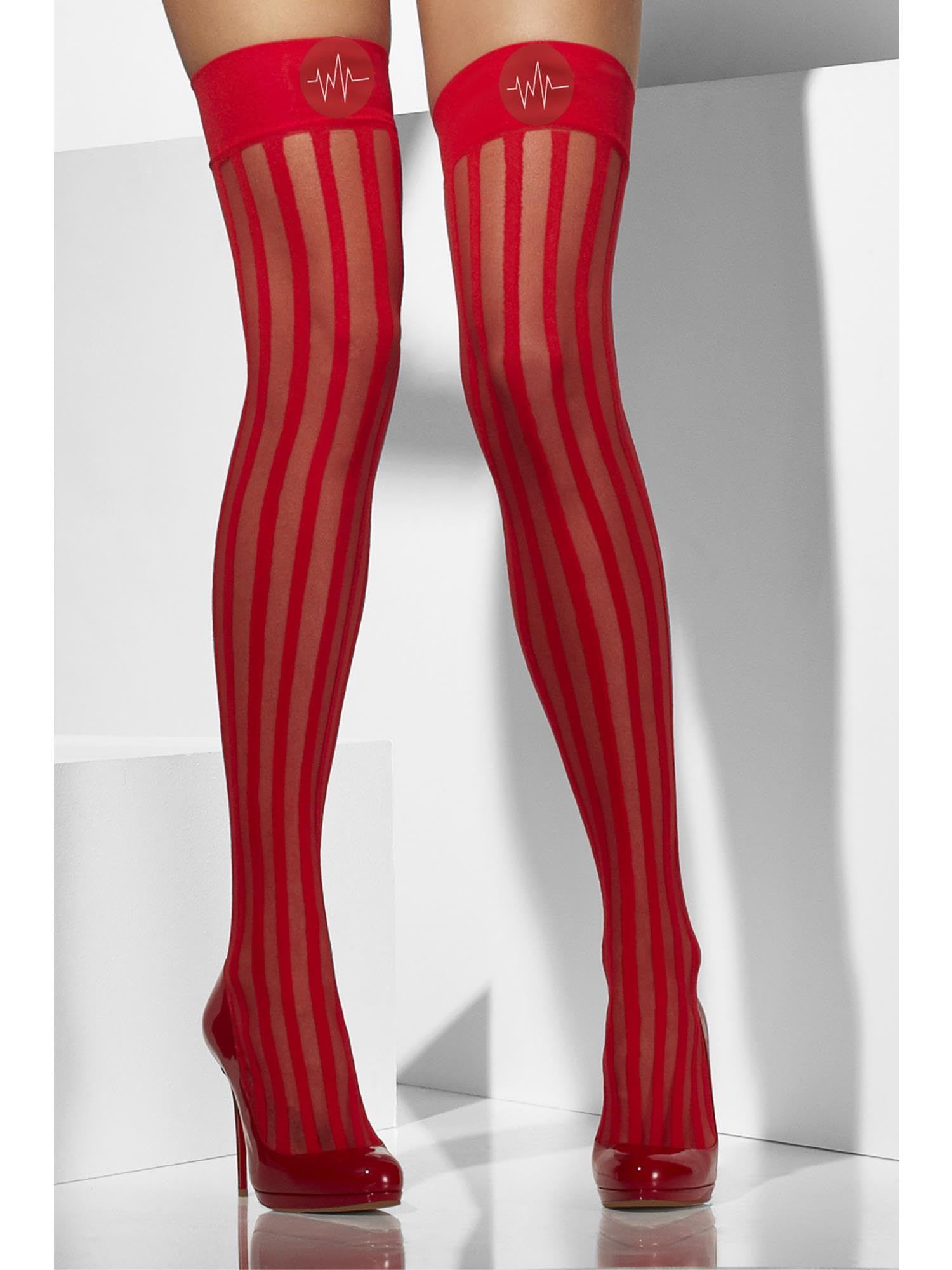 Smiffys Red Sheer Hold-Ups with Vertical Stripes and Cross Print, Fever Hosiery Fancy Dress Accessory 4