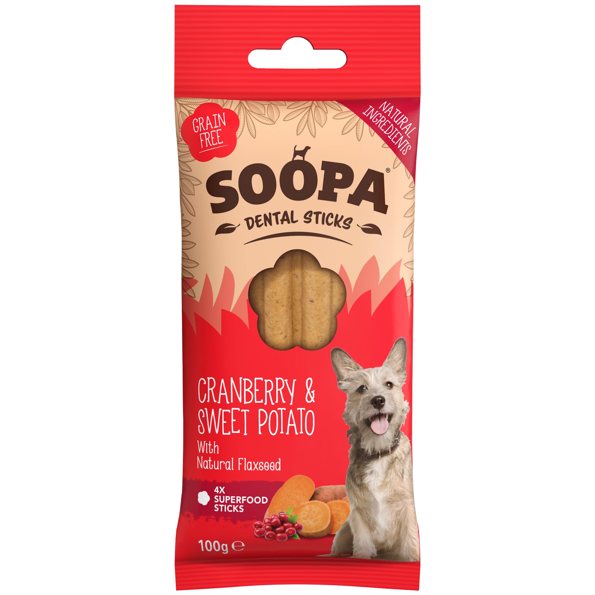 Soopa Cranberry and Sweet Potato Dental Sticks Dog Treat, Low Fat, Hypoallergenic, 100 g