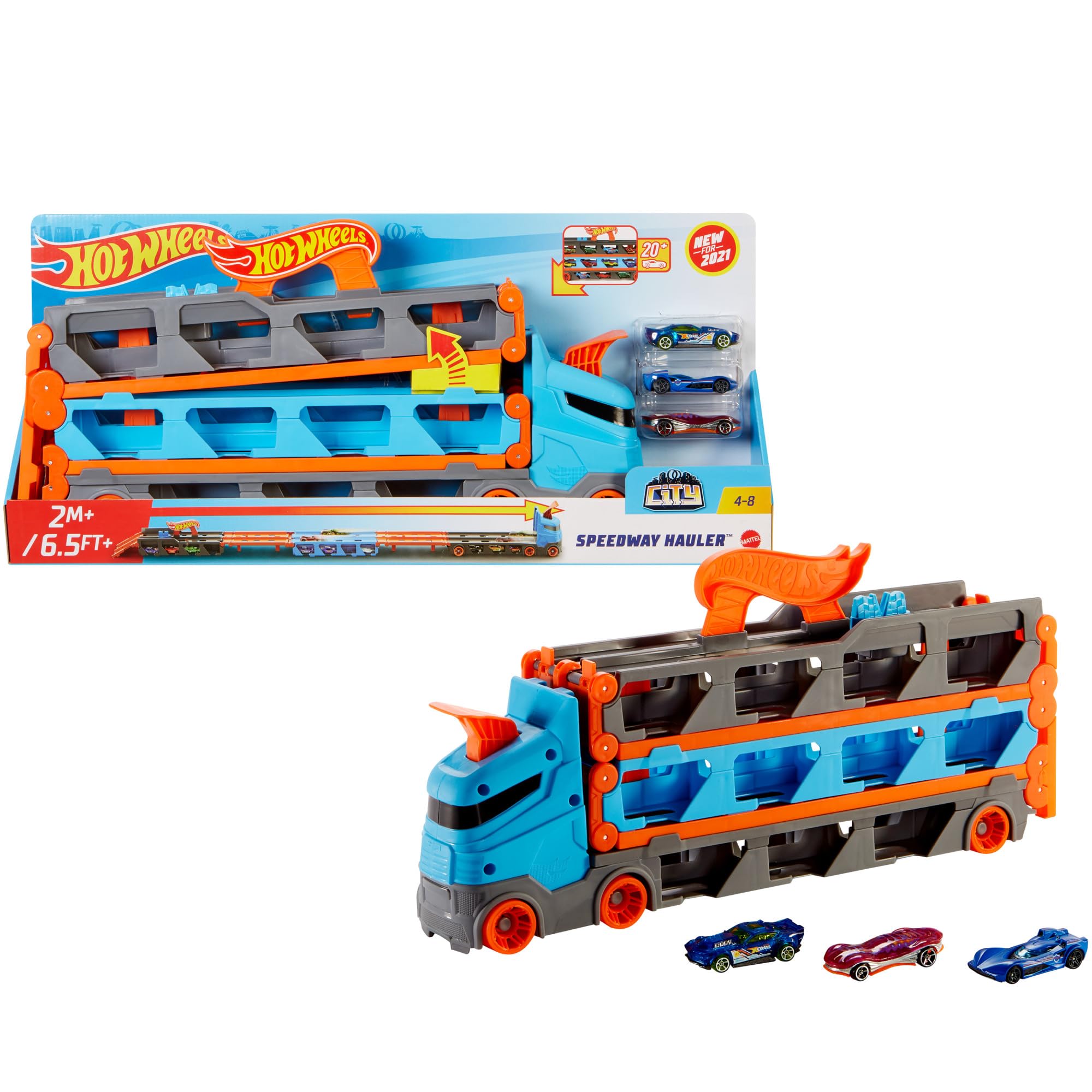 Hot Wheels Speedway Hauler – 3-in-1-Lagerträger mit 6 Fuß langer Drag Race-Strecke und 3 Autos für Kinder von 4–8 Jahren