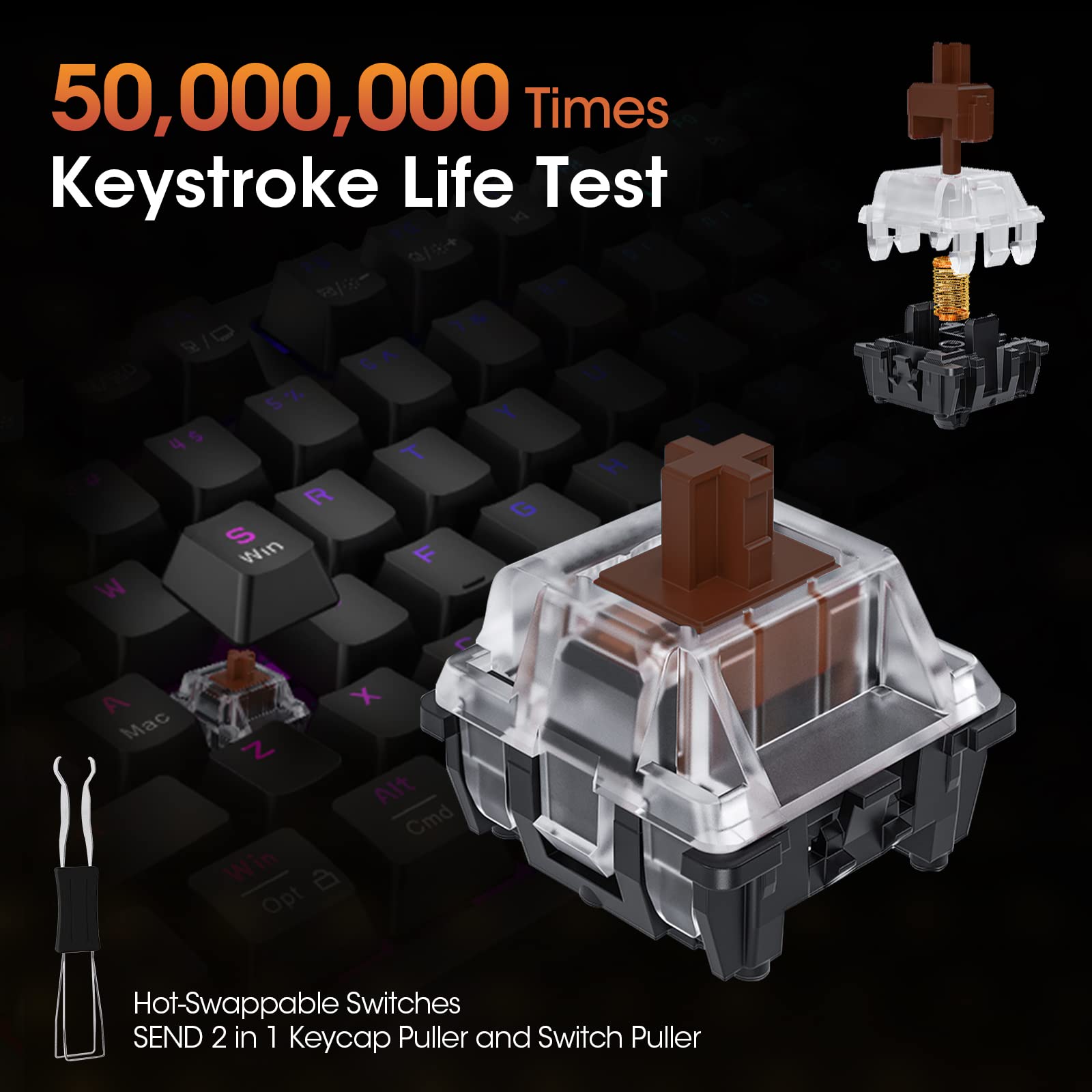 KOORUI MK104-BROWN Mechanische Gaming-Tastatur – 104 Tasten, 26 RGB-Hintergrundbeleuchtungseffekte, steckbare braune Schalter, Anti-Ghosting, kabelgebunden für PC und Mac 6