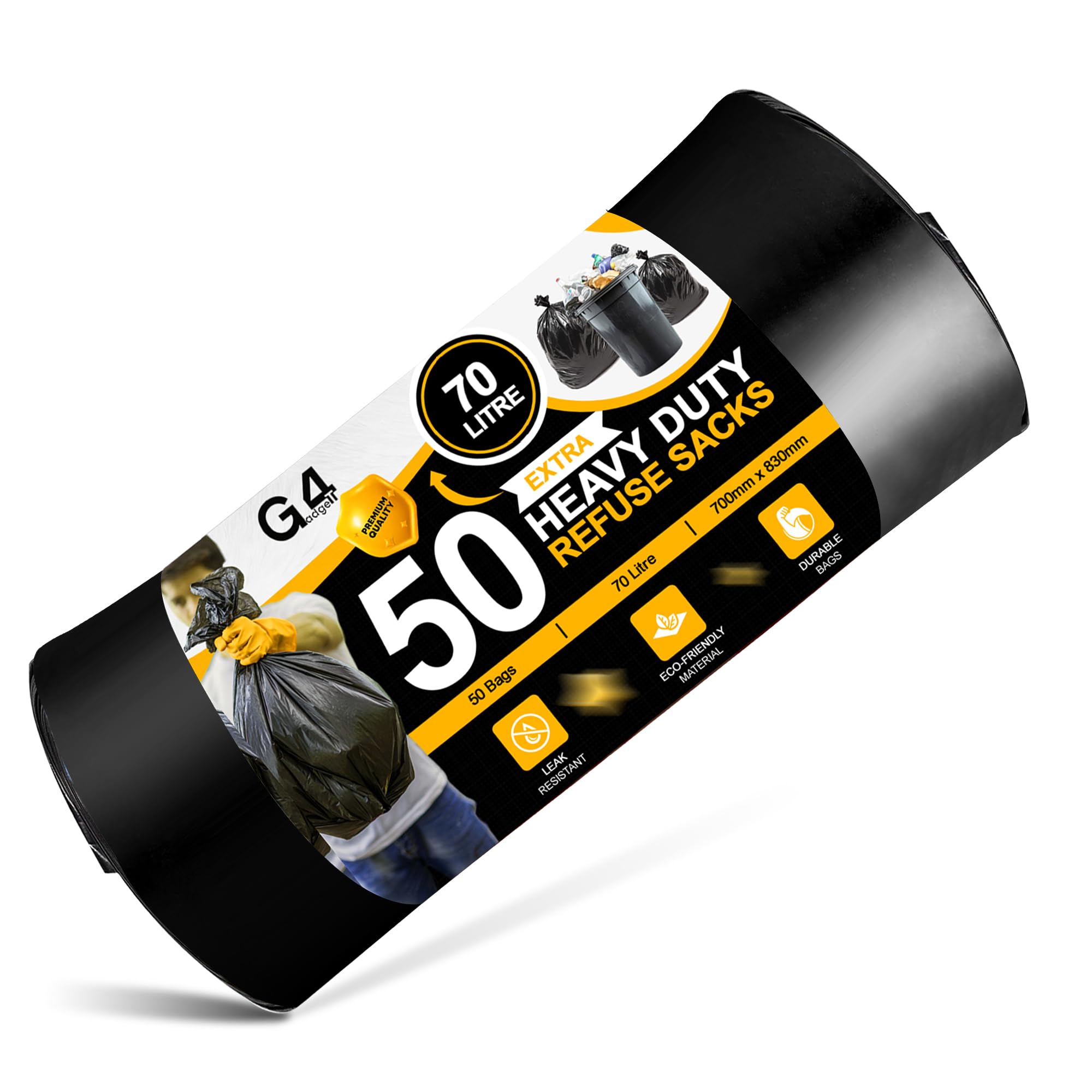 G4GADGET 70L Black Bin Bags (50 Bags) – Heavy-Duty Refuse Sacks for Home & Commercial Use