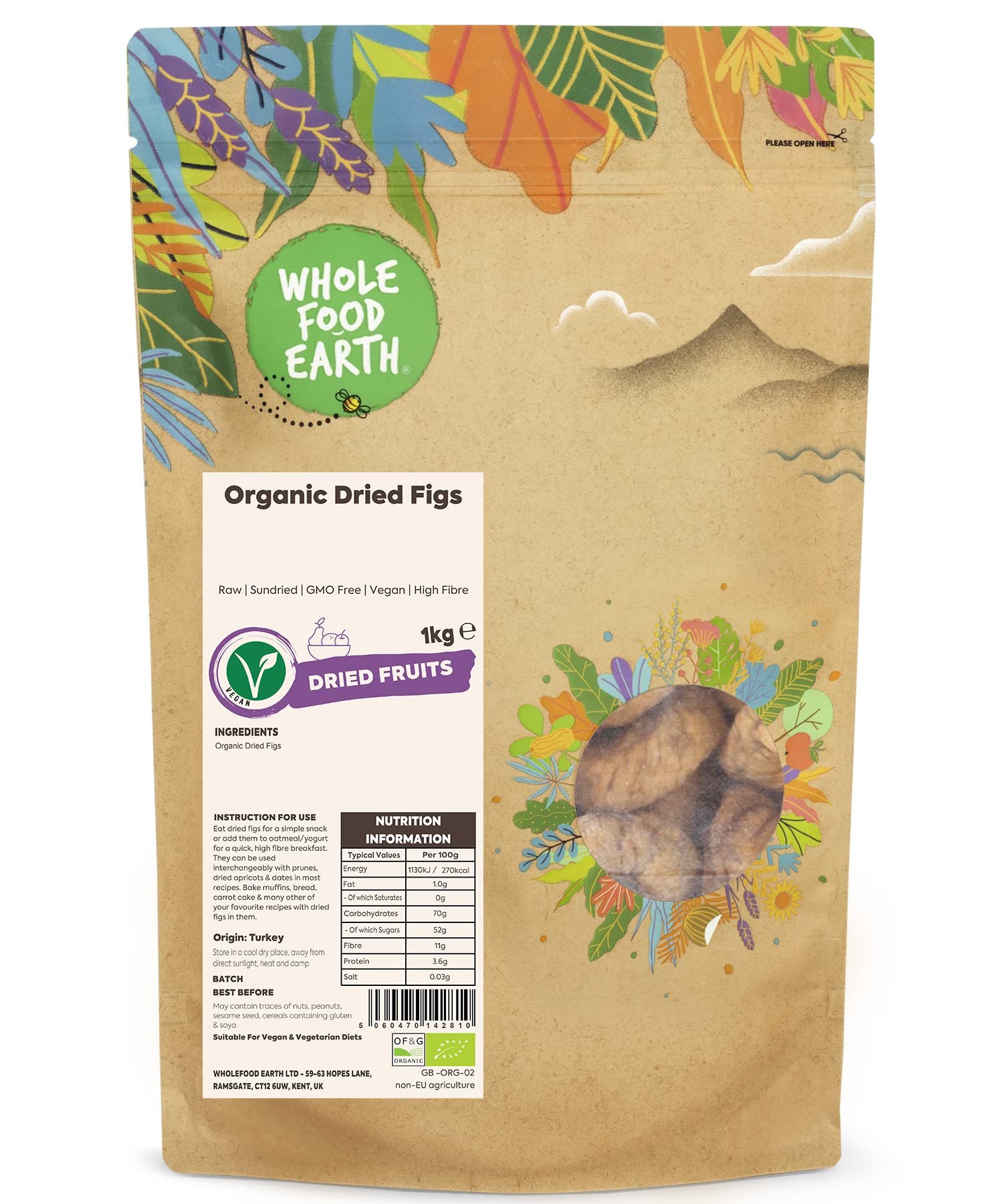 Wholefood Earth Organic Dried Figs - Raw Sundried | 1 kg Pack