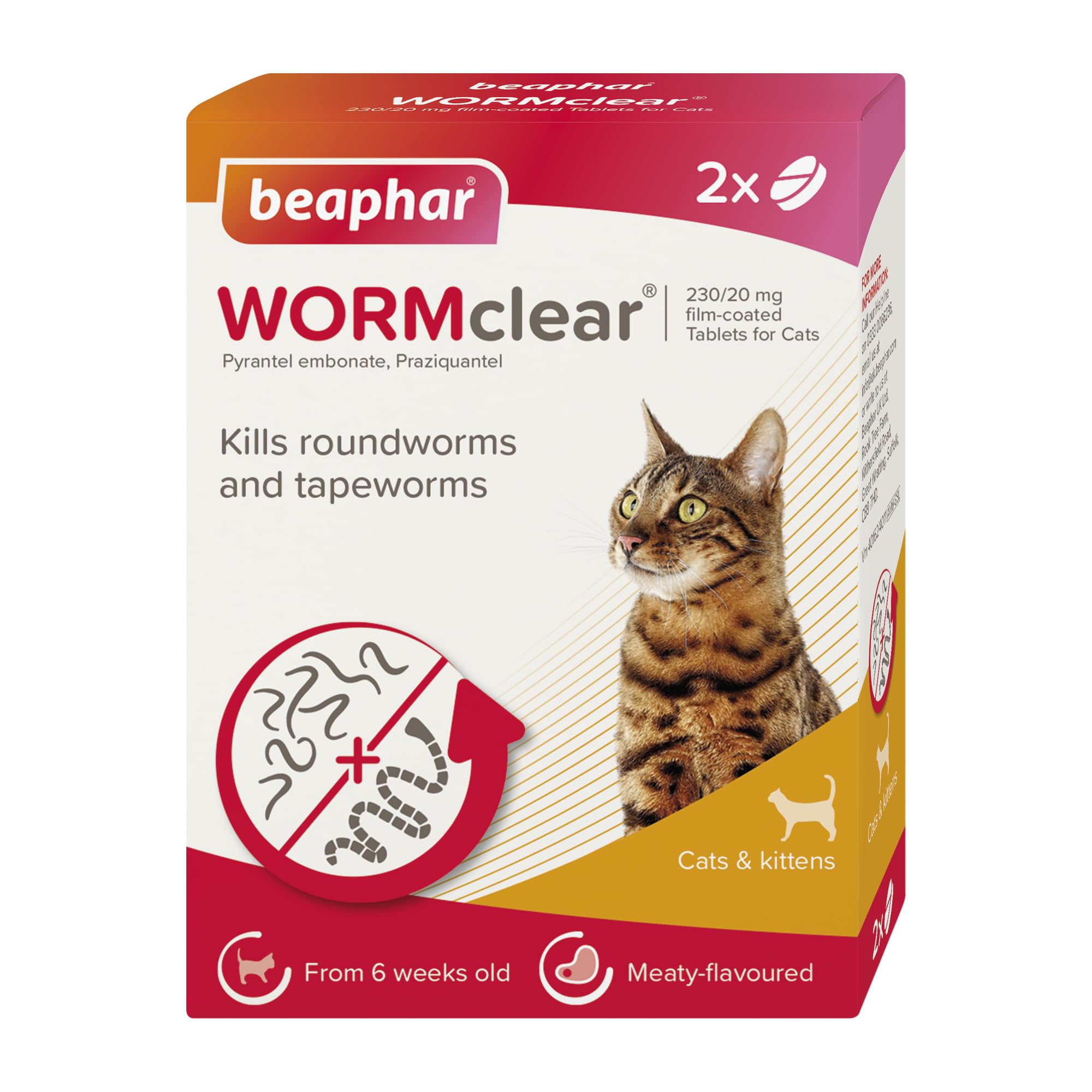 Beaphar WORMclear Tablets for Cats - Kills Roundworms & Tapeworms | 2 Tablet Pack
