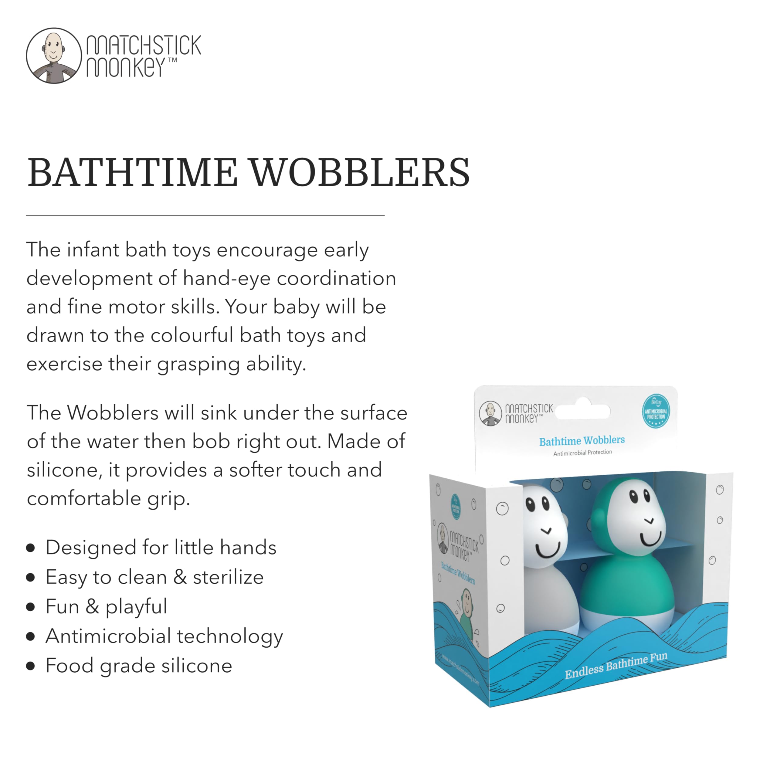 Matchstick Monkey Bathtime Wobblers - Antimicrobial Baby Bath Toy Set for 12+ Months 14