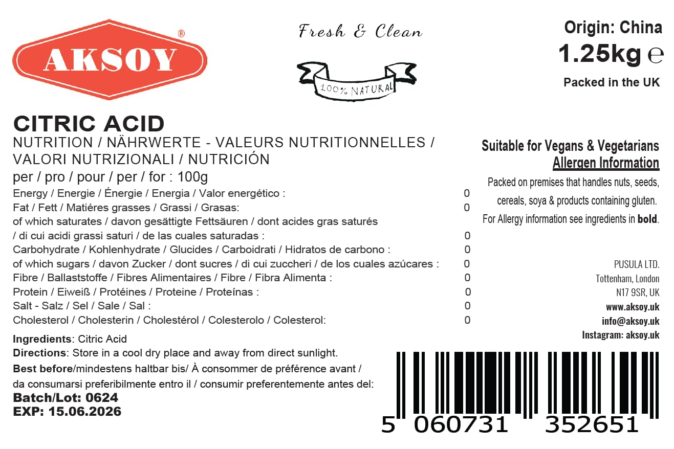 Aksoy - Citric Acid Food Grade 1.25kg | Non-GMO, Anhydrous, for Cooking, Cleaning, Canning & Bath Bombs 6
