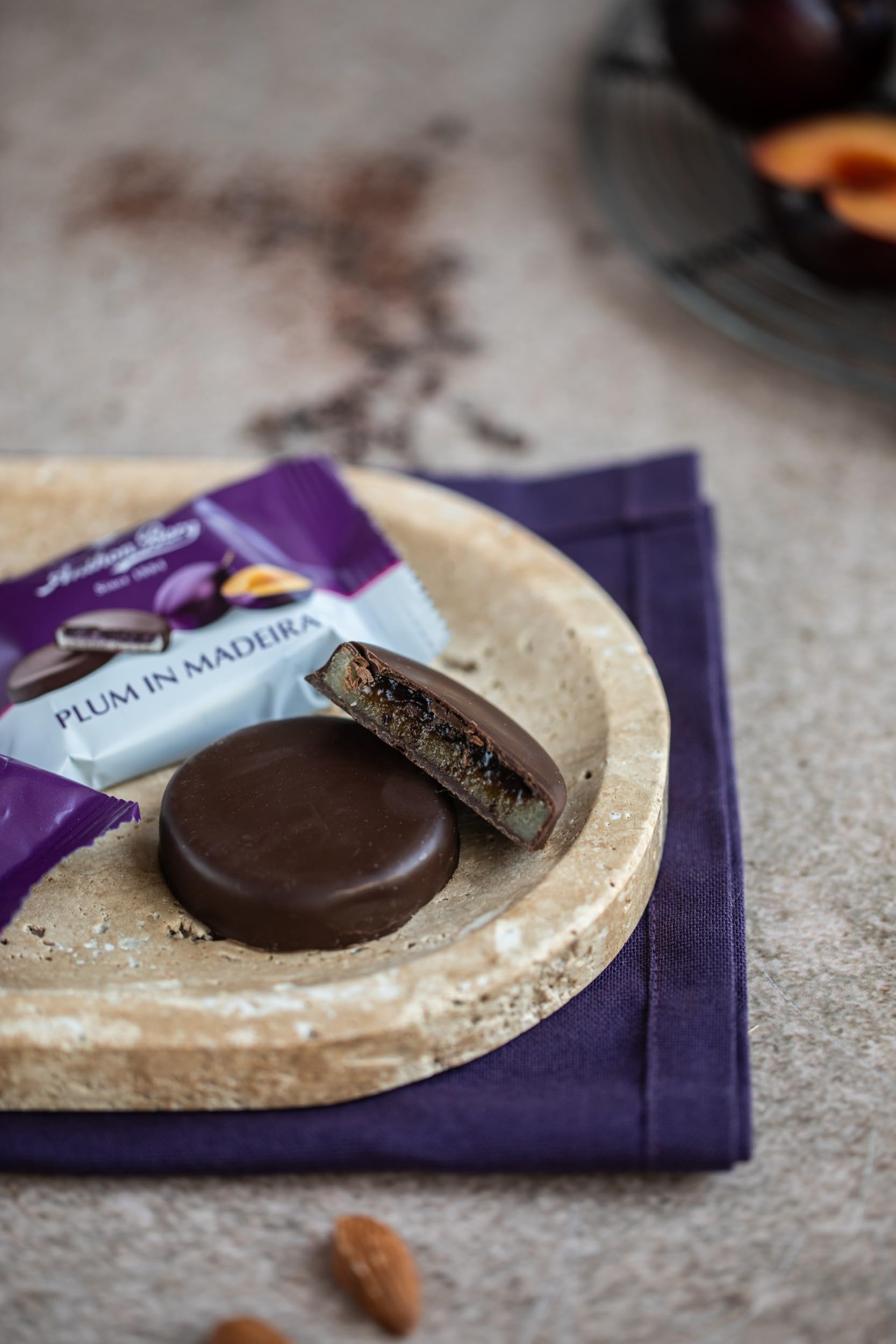 Anthon Berg Dark Chocolate Covered Marzipan Treats with Plum in Madeira 220g